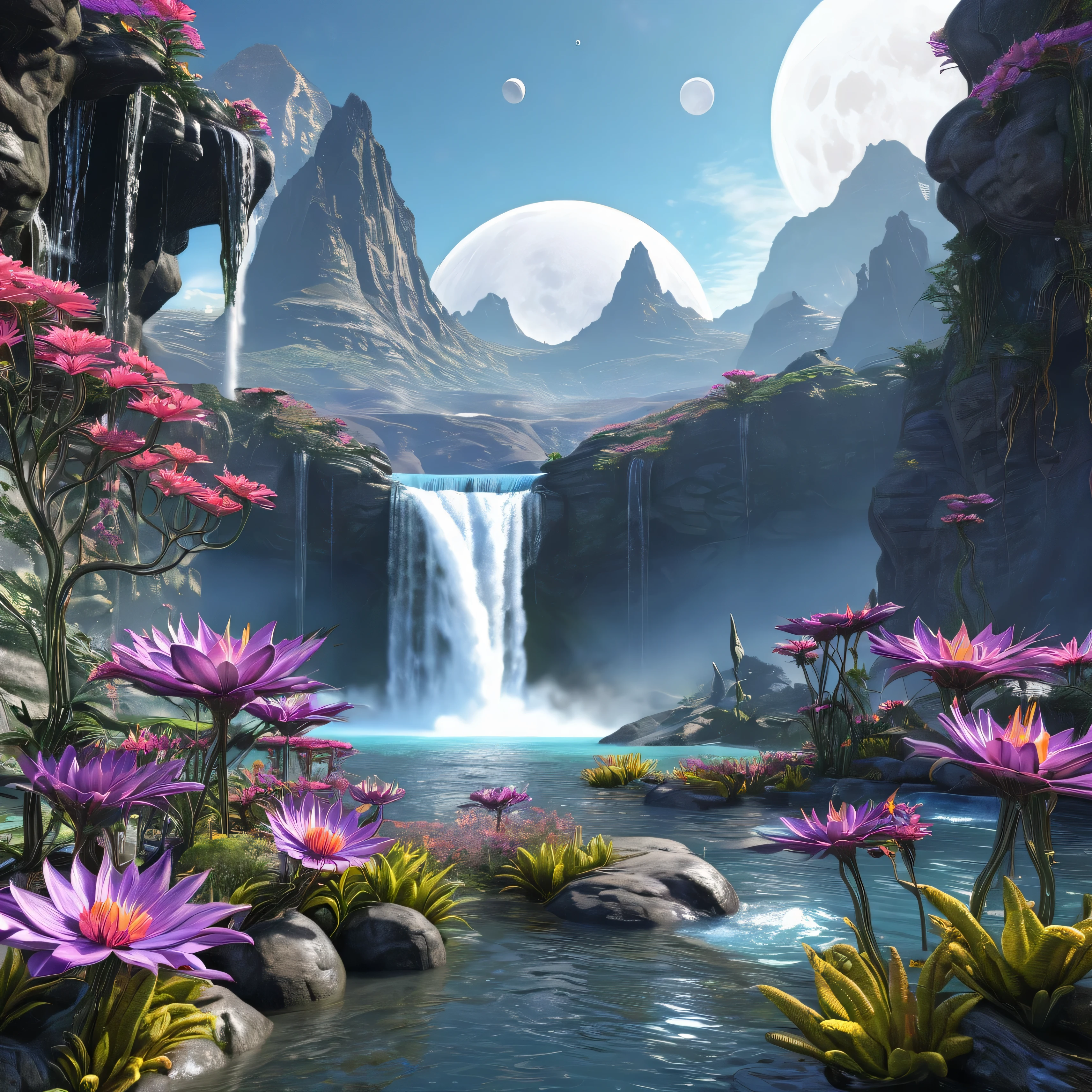 alien landscape with alien flowers, alien plants, waterfall, mountains, 2 moons, realistic, ultra-detailed