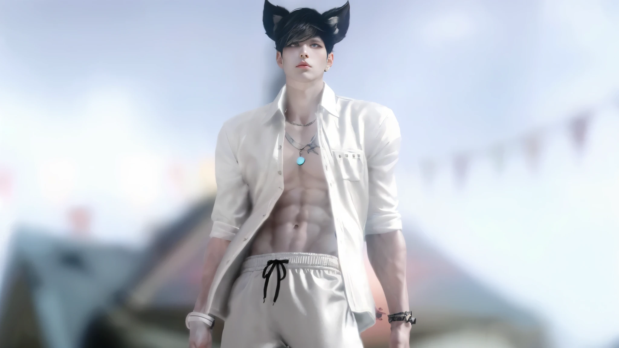 il y a une figure masculine avec une tête de chat sur la tête, inspired by Kim Deuk-sin, Torse nu :: high detail, Ulzzang male, vêtements ouverts sur la poitrine, inspired by Gang Se-hwang, inspiration de Bian Shoumin, Sneaky evil male, fit male demon with white horns, alchimiste fantastique masculin maigre, Prince androgyne délicat, Personnage masculin
