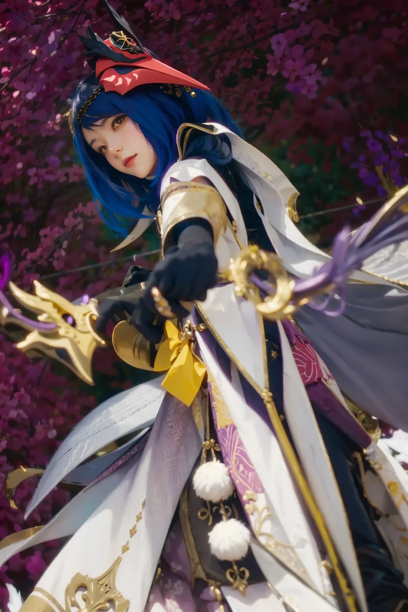 ((KUJOU SARA_GENSHIN IMPACT)),((realistic, photorealistic)),(highlight hair)), Light reflection, (( HD )),((upper body)), (((best quality, masterpiece))), (masterpiece) (best quality) (detail) (8k) (HDR) (wallpaper) (cinematic lighting) (sharp focuasterpiece, best quality: 1.1),1girl,Jewelry accessories, gold jewelry,Eyes focus forward, arching towards the front, Custom detail, mask on the hair,Sakura leaves, arrows,Purple light, highlights, lightning purple,Black feathers, black bird wings, motion blur, purple light, red cherry blossoms, Particles light,black bird wings motion blur,