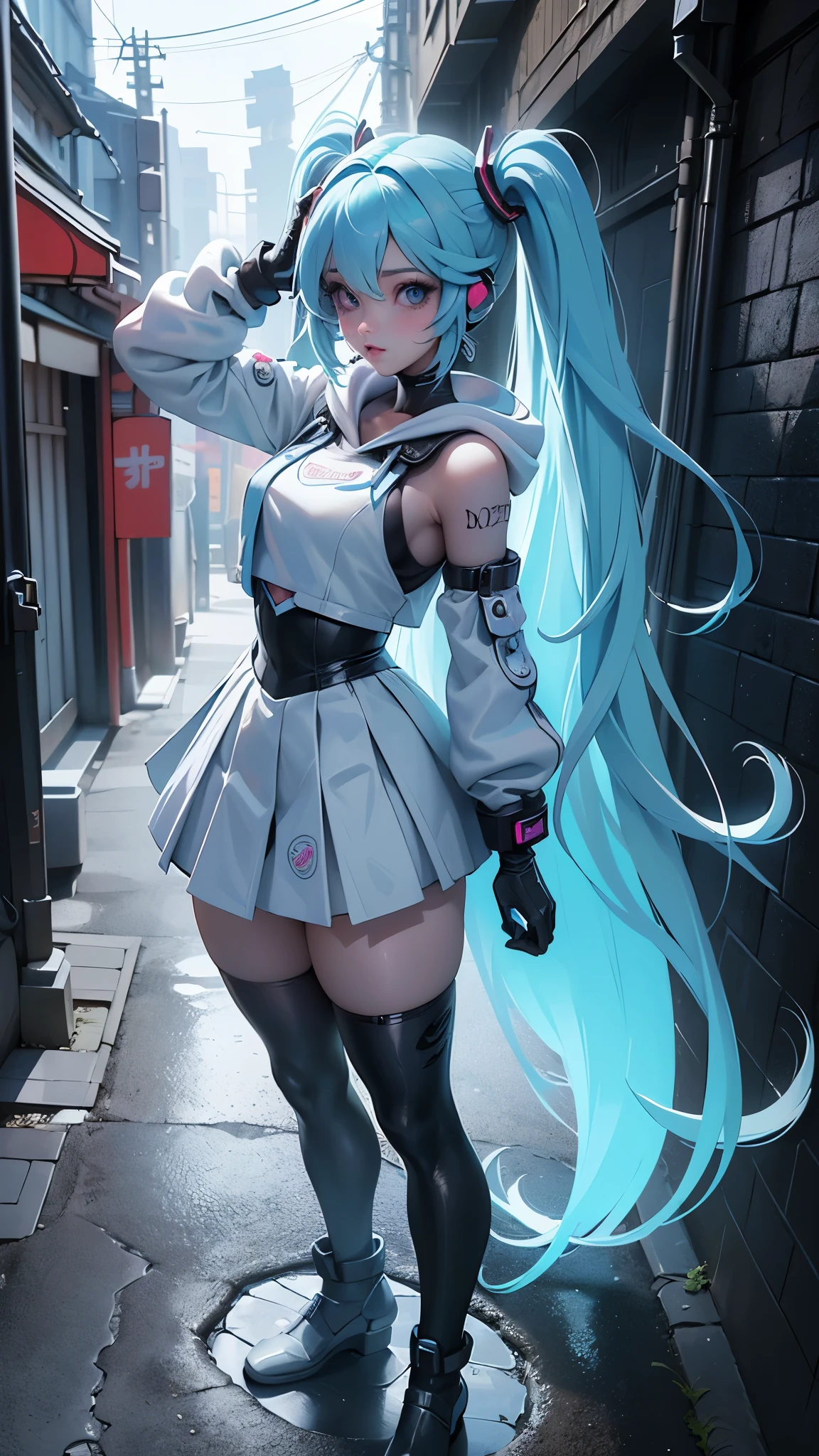 (La mejor calidad,A high resolution,Ultra - detallado,actual),Ariana Grande se parece a Rei Ayanami con cabello medio liso, wearing white pleated miniskirt and streetwear headphones, passion blue hoodie, en el pecho dice &#39;Future Funk&#39;, amidst a vibrant futuristic cityscape illuminated by neon lights.More detailed 8K.motor irreal:1.4,UHD,La mejor calidad:1.4, fotorrealista:1.4, textura de la piel:1.4, obra maestra:1.8,obra-prima, mejor calidad,objeto Objeto], (detailed face features:1.3),(Las proporciones correctas),(Ojos hermosos azules:1.4 ),  (pose vaquero), (dedos detailed :1.4), ,( ciberpunk 2.1), (estilo kawaii:1.4), (background an alley of stone walls Tokyo :1.4), (perfect anatomy :1.4) 