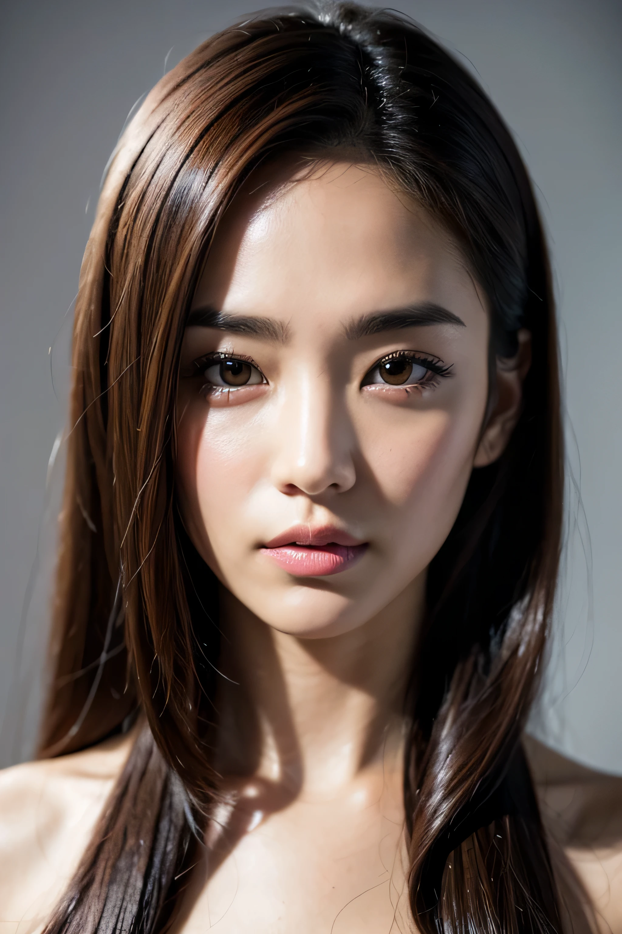 (masterpiece, highest quality:1.2), RAW photo, (realistic, photorealistic:1.2), (8k, High resolution, Super detailed:1.3), 1 girl, perfect anatomy, (focus on the face, looking at the viewer), (28 years old Japanese beauty, japanese idol), (realistic detailed eyebrows, realistic beautiful brown eyes, realistic glossy skin, realistic detailed beautiful handsome face:1.2), (thin, small breasts), (realistic cinematic lighting, detailed shadowing:1.2)