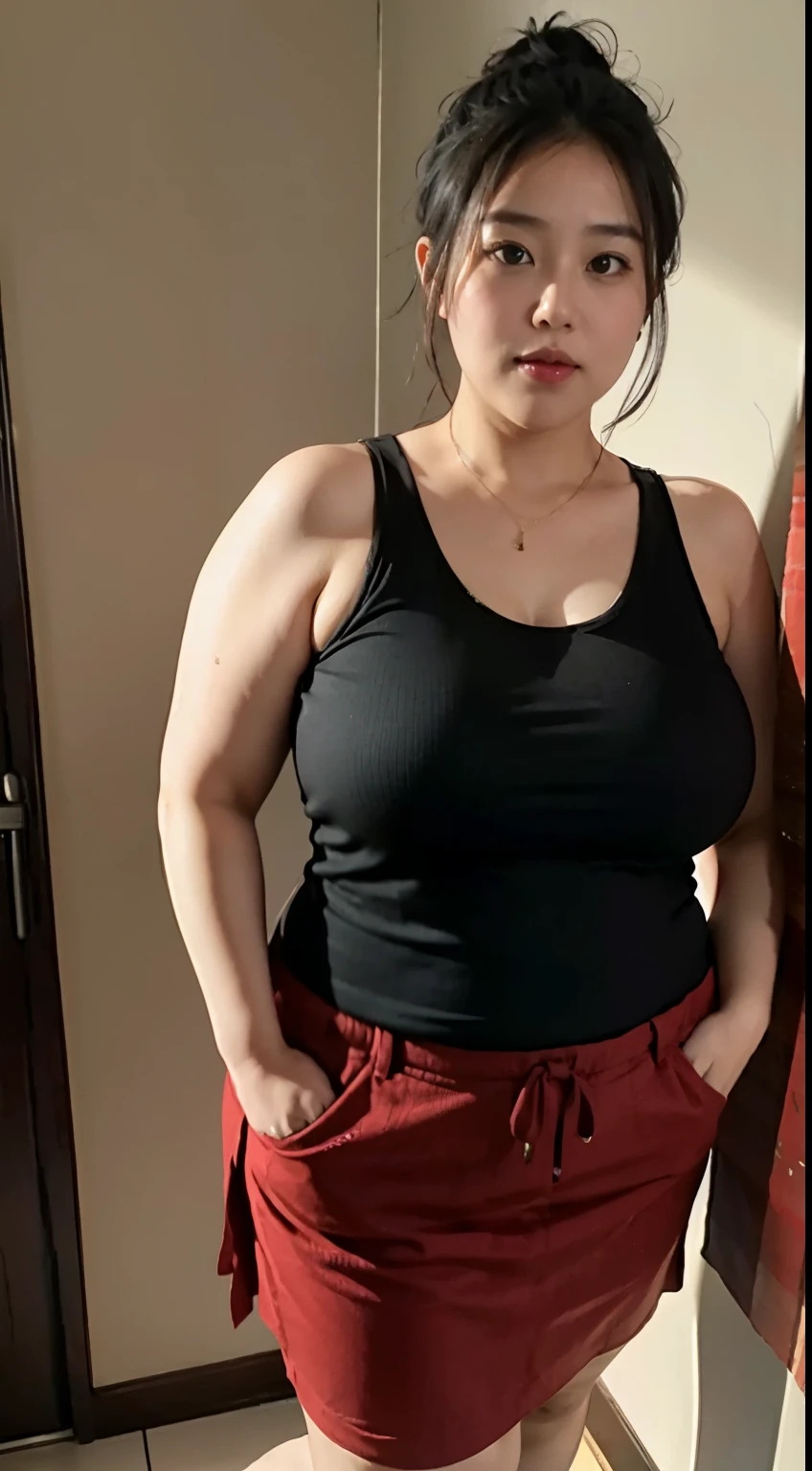 ((中景 the scene is,A half body))1 girl, Obese body, generous dimensions, 35yo,Middle-aged woman,standing on your feet,face round, Fat face,double chin, ssmile,Overweight,Short hair tied up ,Sleeveless red urban shirt printed with hand written,Skirt,Highlight the breasts,Put her weight on her stomach,looks into camera,dark room , full body , korean