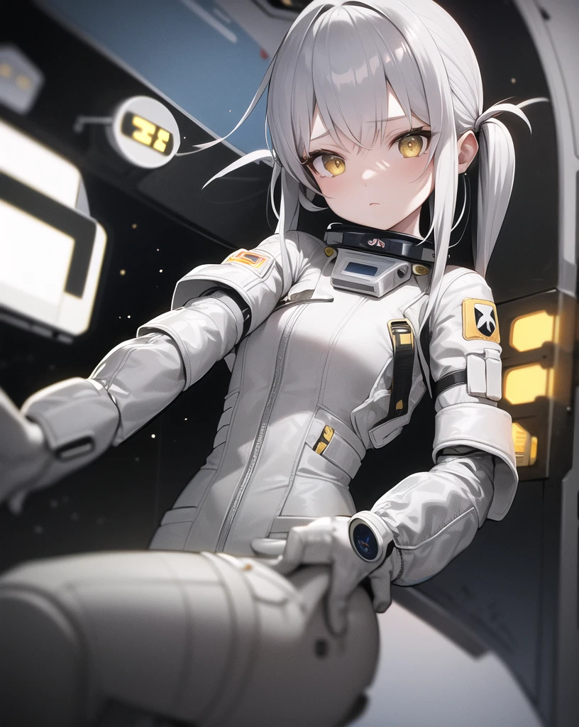 masterpiece, best quality, 1girl, (space), spacecraft, (spacesuit), upper body, from side, science fiction, yellow eyes, twintails, silver hair,