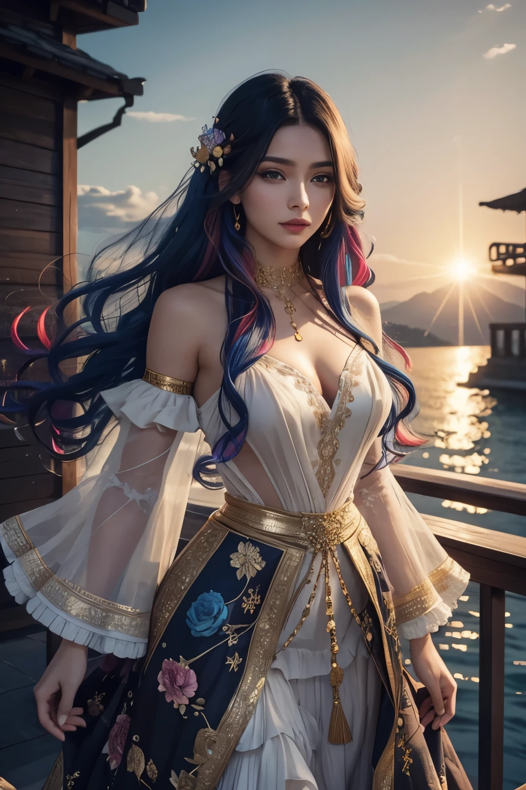 Hair: Lysandra has a remarkable long, wavy mane of hair that flows like a cascade of vibrant colors. Predominantly black, their hair is sprinkled with multicolored streaks, displaying bright shades of blue, green and red. Wild and exotic flowers, carefully intertwined between the threads, complement its mystical aura.
Clothing: She wears a majestic ball gown, a piece of art that defies simplicity. The dress, in light beige adorned with gold details, is characterized by its intricate design, with ruffles, rhinestones and a fluffy skirt that appears to float around you. A short gold skirt peeks out from between the ruffles, adding a touch of modern edge to her classic look.
Skin: Her skin has a soft glow, as if a touch of magic surrounds her, complementing the ethereal aura that Lysandra exudes.
Eyes: Of indeterminate color, Lysandra's eyes change depending on her mood, reflecting the colors of the sky at dusk.