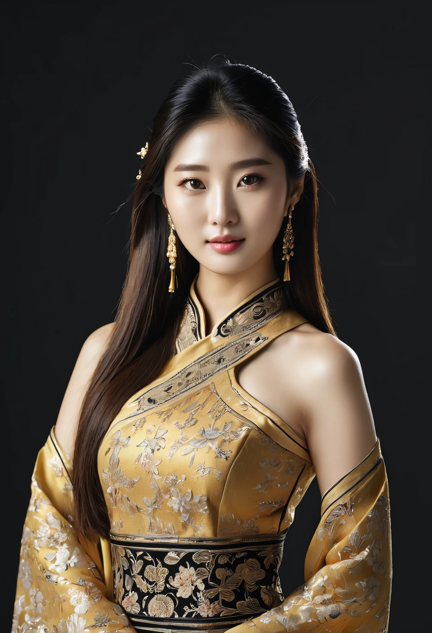 Realistic photos,Masterpiece,Asian woman Arav in golden Sukhothai dress standing at black studio background., beautiful south korean woman, beautiful young korean woman, gorgeous young korean woman, นางแบบแฟชั่นkorean woman, Korean actress, korean woman, young asian woman, Korean artist, Asian girl with long hair, Korean girl, Chinese woman, asian woman, Gorgeous Chinese model, Bae Suzy