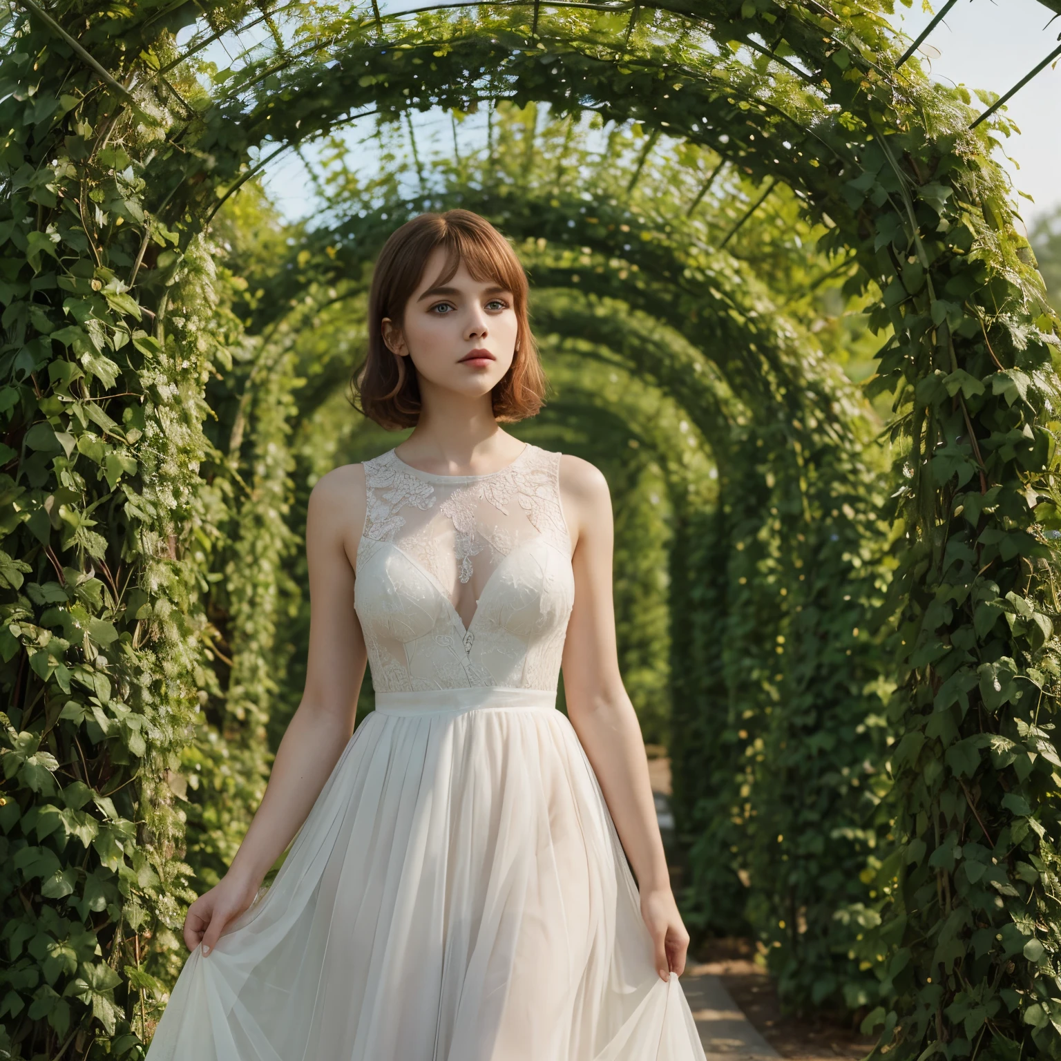 Sophia Lillis, thick woman, long straight hair, photograph quality, eyeshadow and lipstick, elegant dress, standing under trellis vines