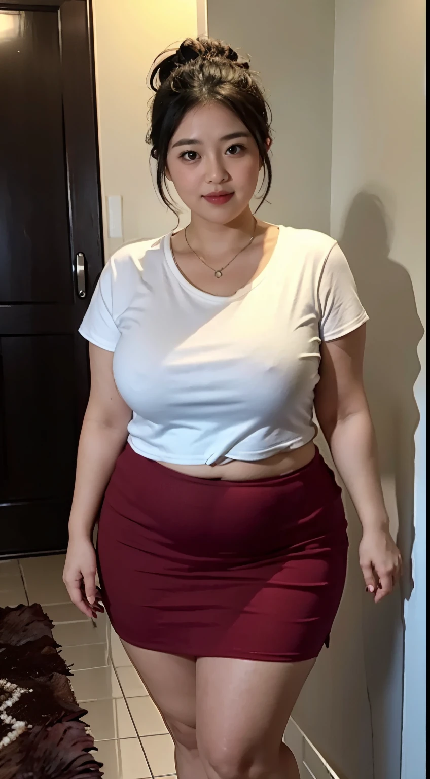 ((中景 the scene is,A half body))1 girl, Obese body, generous dimensions, 35yo,Middle-aged woman,standing on your feet,face round, Fat face,double chin, ssmile,Overweight,Short hair tied up ,Sleeveless red urban shirt printed with hand written,Skirt,Highlight the breasts,Put her weight on her stomach,looks into camera,dark room , full body ,