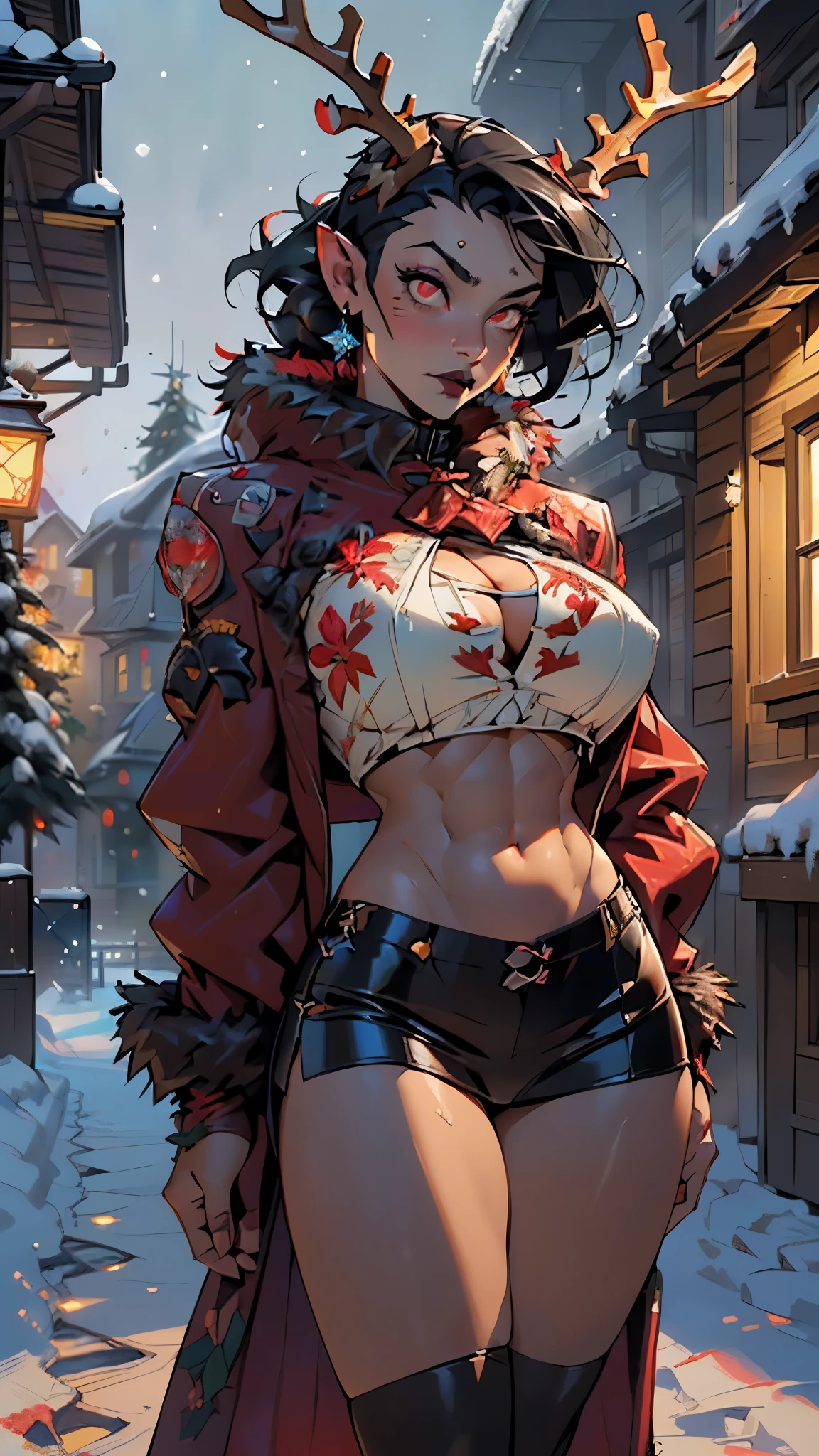 gothic reindeer girl,(((1girl))),((extremely cute and beautiful black hair anime gothic reindeer girl)),

(((anthro furry:1.2), Playboy_Reindeer, reindeer_antlers,(huge antlers:1.5,dear antlers:1.5,blooming antlers:1.5))),(large breasts:1.4),saggy breasts,((((black hair:1.4,hi-top fade Haircut:1.5,hi-top fade:1.5,Mohawk:1.5,ear breathing)))),(((red_eyes:1.3))),intricate eyes,beautiful detailed eyes,symmetrical eyes,big eyes:1.5,(((lustrous skin:1.5,bright skin: 1.5,skin tanned,shiny skin,very shiny skin,shiny body,plastic glitter skin,exaggerated shiny skin,illuminated skin))),(spider lower abdomen,narrow waist,wide hip,athletic body,inflated legs,thick thighs,detailed body,(detailed face)),((muscle legs,muscular thighs,muscular girl,strong and muscular,muscular,feminine and muscular,huge stature,tall stature,very tall girl,(ABS:1.5))),

cute,slutty,seductive,erotic,(((nsfw))),

zettai ryouiki,revealing clothing,show skin,(((Sexy goth fur coat, goth fur coat outfit, wearing a goth fur coat:1.3,dark red winter coat,navel:1.5))),((red goth mini-skirt,red goth mini skirt with furry edge,visible thong straps, navel)),((underpants strap)),(red gothic clothes,semi-naked,with little goth clothing),((((Black Eyeshadow,Thick Black Eyeliner,Long Dramatic Eyelashes,Black Lips))),(((intricate outfit,intricate clothes,embroidered outfit,ornate outfit))),

(dynamic pose:1.0),embarrassed,(centered,scale to fit dimensions,Rule of thirds),

(((winter town decked out in festive decorationajestic Christmas tree))),(((sparkling lights over the village))),(((star-topped tree))),(((festive village square))),(((snow))),(((snow-covered scene))),(((winter wonderland))),(((snowflakes))),(((cottages and houses))),(((scenery))),

(Glossy winter ornaments),highres,sharp focus,(ultra detailed,extremely detailed),(photorealistic artwork:1.37),(extremely detailed CG unity 8k wallpaper),(((vibrant colors,vibrant theme))),(intricate),(masterpiece),(best quality),artistic photography,(photog