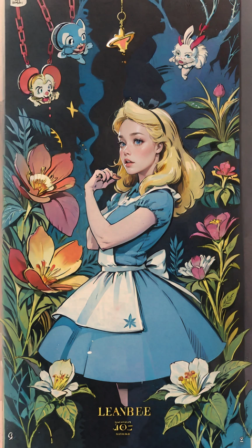 
"(best quality,highres:1.2),ultra-detailed,realistic,photorealistic:1.37,sexy Alice in Wonderland,girl with blonde hair and blue dress,curious expression,huge tea party in a magical garden,crazy colorful mushrooms and flowers,talking white rabbit with pocket watch,enchanted playing cards flying in the air,Cheshire Cat disappearing and reappearing,Grand clock tower showing time,whimsical and dreamlike atmosphere,impressive illustrations,pastel color palette,magical lighting effects"
