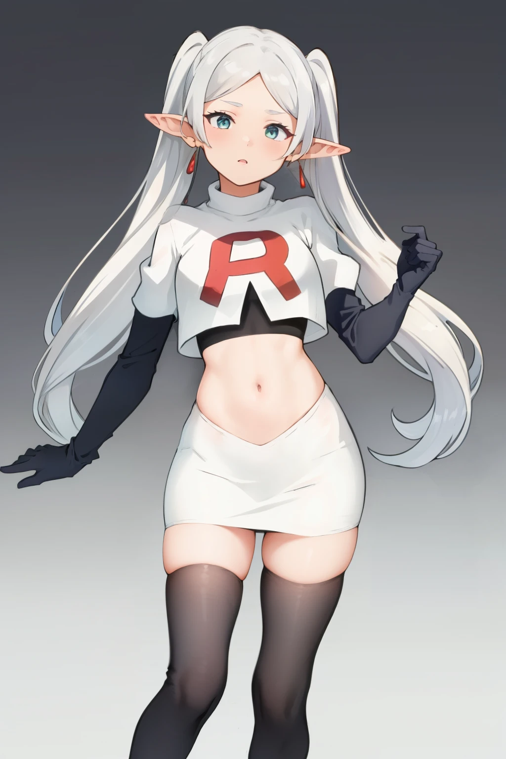 (masterpiece, best quality), intricate details,
1girl, frieren, long hair, pointy ears, jewelry, earrings, twintails, parted bangs, team rocket,team rocket uniform, red letter R, white skirt,white crop top,black thigh-highs,black elbow gloves