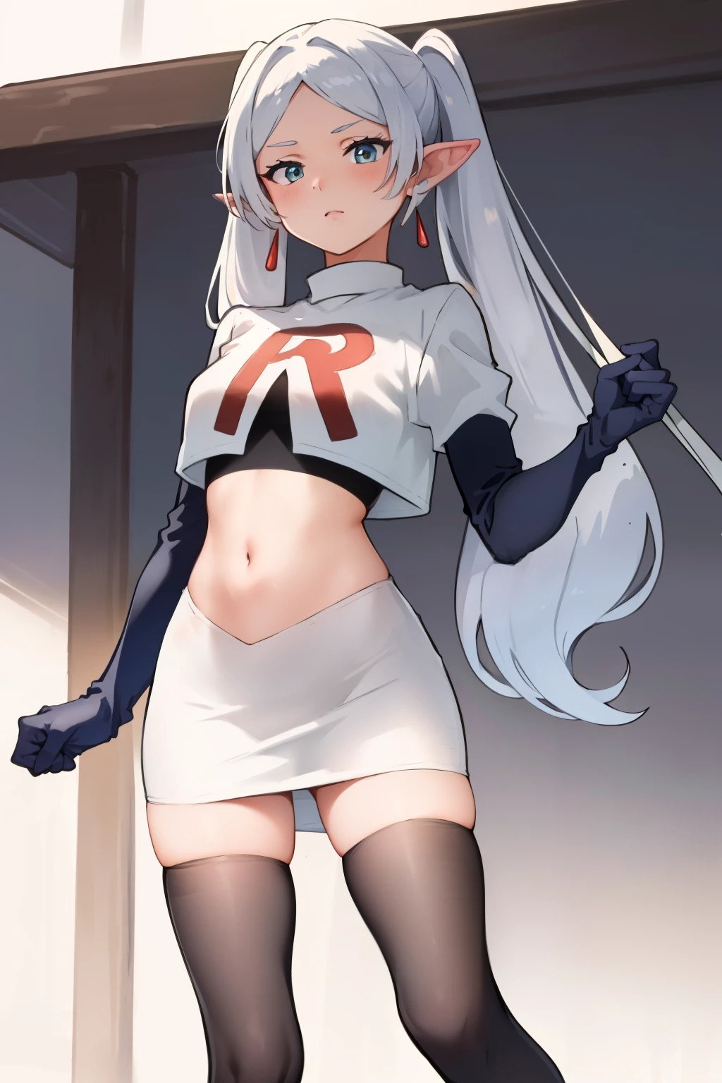 (masterpiece, best quality), intricate details,
1girl, frieren, long hair, pointy ears, jewelry, earrings, twintails, parted bangs, team rocket,team rocket uniform, red letter R, white skirt,white crop top,black thigh-highs,black elbow gloves