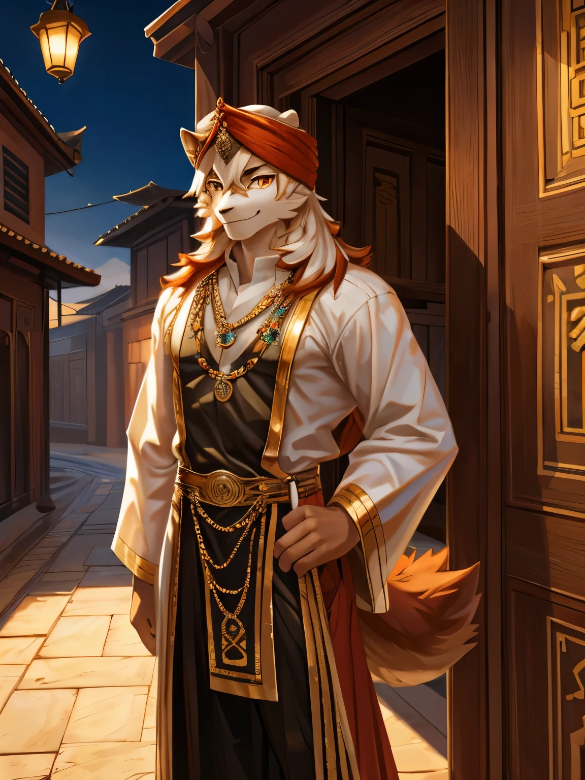 4k, ,8K, A high resolution, best quality, perfect colors, perfect shadows, perfect lighting, (posted on e621, by Chunie), male, furry, Hung (Arknights) anthro, ( tail), solo, white fur, Orange eyes, (Realistic eye details 1.2), Wearing Muslim clothing, arabic fashion, arabic style, thobe, turban, in a street with arabian houses, light smile, authoritative, dignified gaze, Full body like, slim body, in a panoramic view, masterpiece, fit body, perfect male figure, Detailed fur, Detailed face, dramatic lighting, soft lighting, day, highly detail, (Detailed eyes), perfect pupils, detail eyes, detail fluffy fur, (seductive face:1.2), (correct anatomy:1.2), (Complex), (Super Detail), (Ultra Clear), (Best Quality)