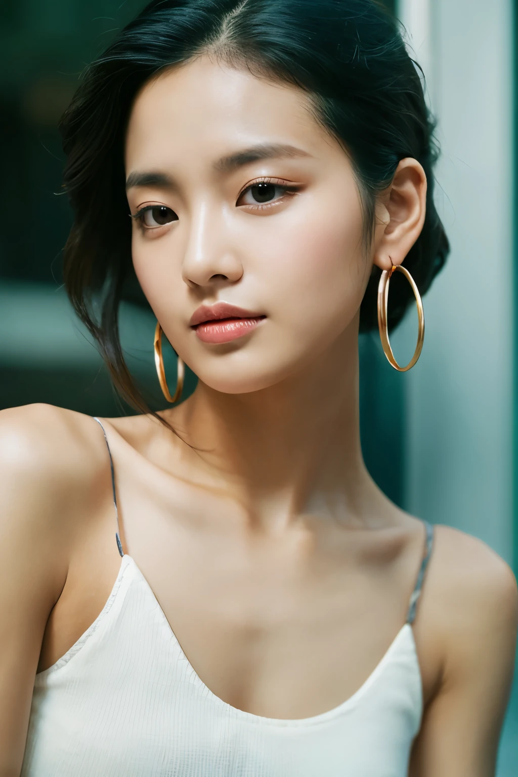 masterpiece, Highest quality, alone, One person, Glowing Skin, Hoop Earrings, glamorous, Whimsical details, Slicked back hair, Fascinating, Bare shoulders, Shallow depth of field, Contrasting, Professional Model, Facing forward, Portraiture 、Sexy black lingerie