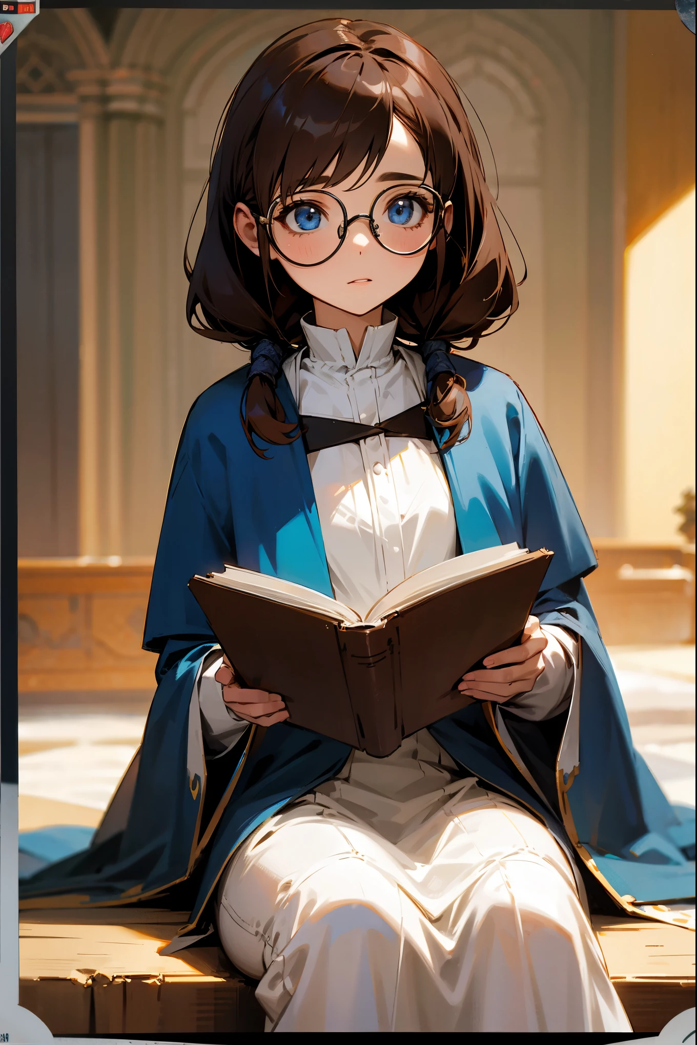 1female, brown hair, tied up hair, polaroid glasses, white and blue clothing, medieval clothing, sitting down reading book, blue eyes, guild background, detailed background