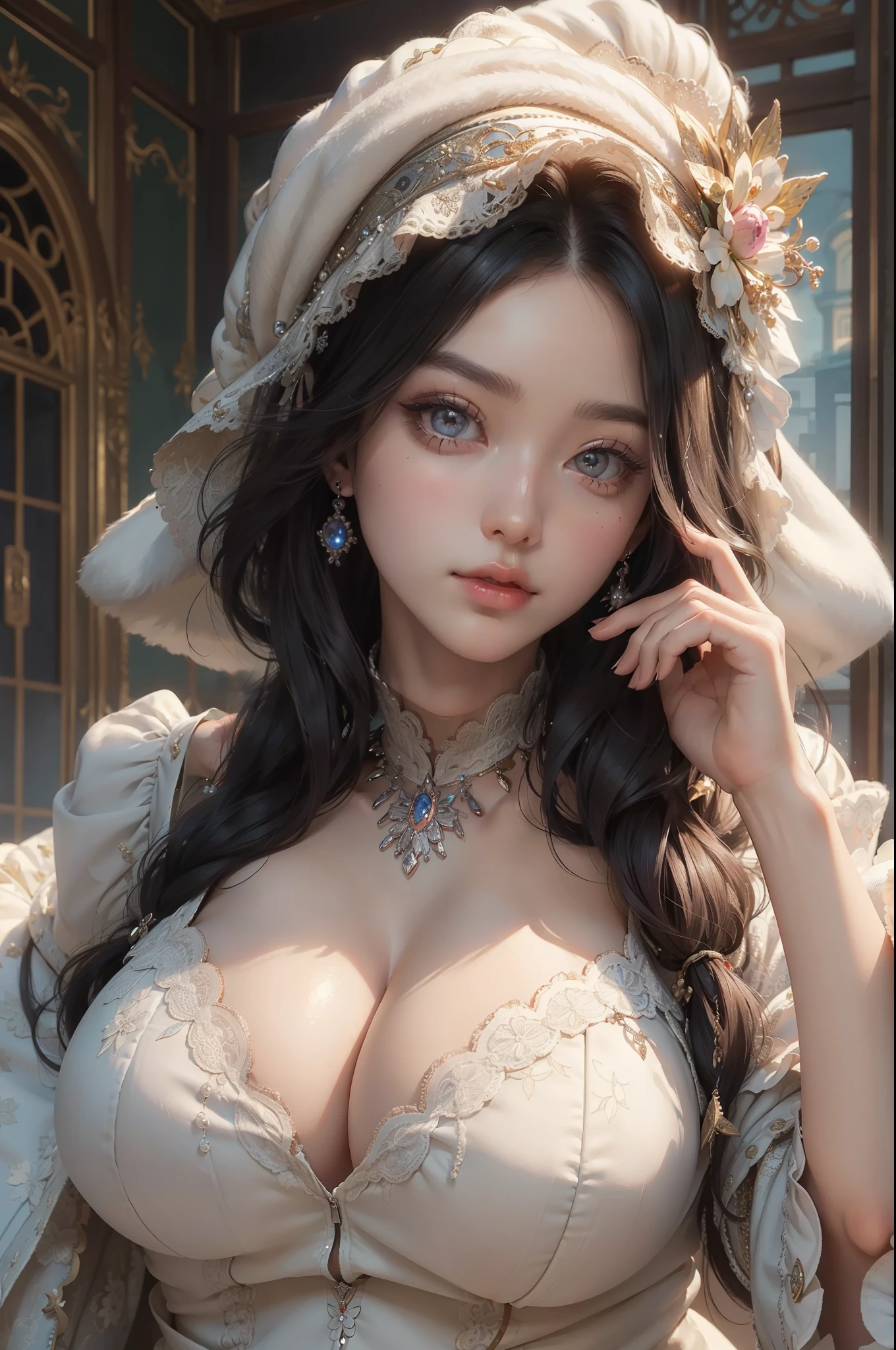 "(perfect masterpiece:1.2), (best quality:1.2), stunning face, , mature chubby, large pupil, Bright Eyes, cosmetics, Long, luxurious eyelashes, plump lips, irresistible charm." (gigantic and massive :1.1)Grooves reveal original skin