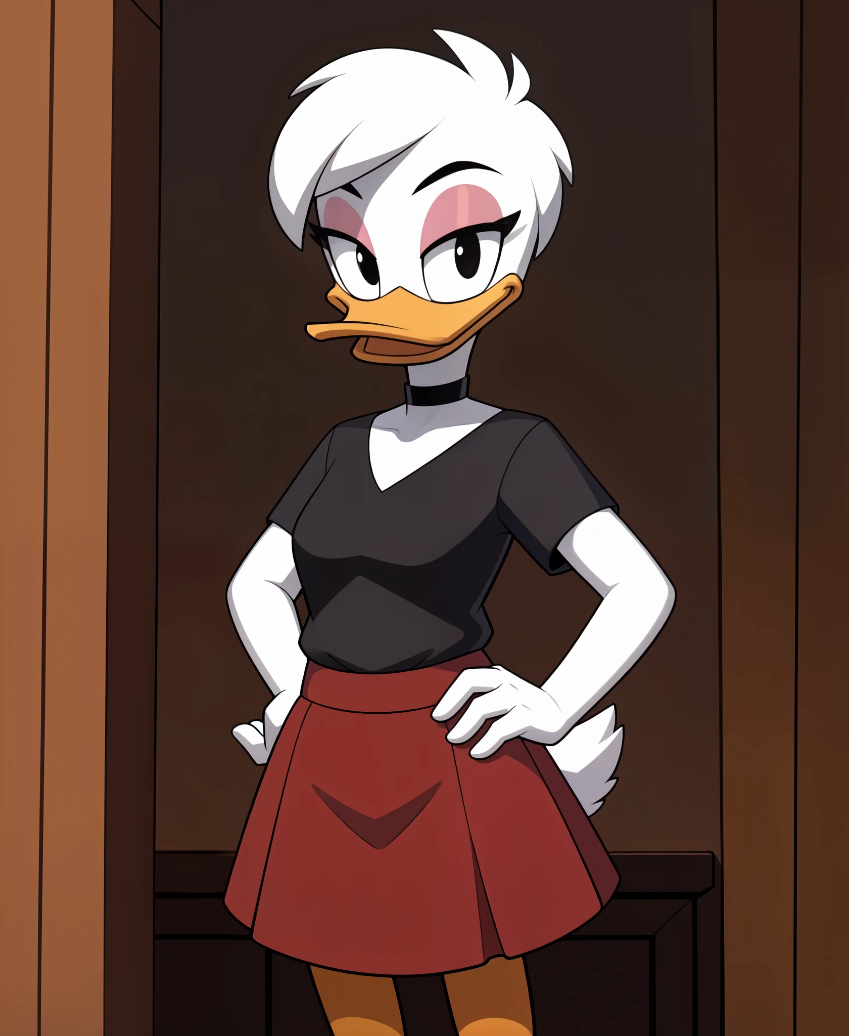 (ducktales:1.2) (ducktales:1.2) (by kyurisawa:1.2) (by chelodoy:1) (by ashraely:1) BREAK , daisy duck, beak, white skin, white body, white hair, short hair, female, breasts, orange legs,  clothed, clothing, mouth closed, eyeliner, pink eyeshadow, black eyebrows, black eyes, inside, mansion, night (tired:1.3) looking at viewer (black shirt, choker:1.2) (clothed, red skirt:1.2) hand on hip, open mouth, tongue, furry, 

(detailed white fur:1.3) (soft cinematic light:1.1) , ((looking at viewer)), (by qupostuv35:1.0), ,, BREAK