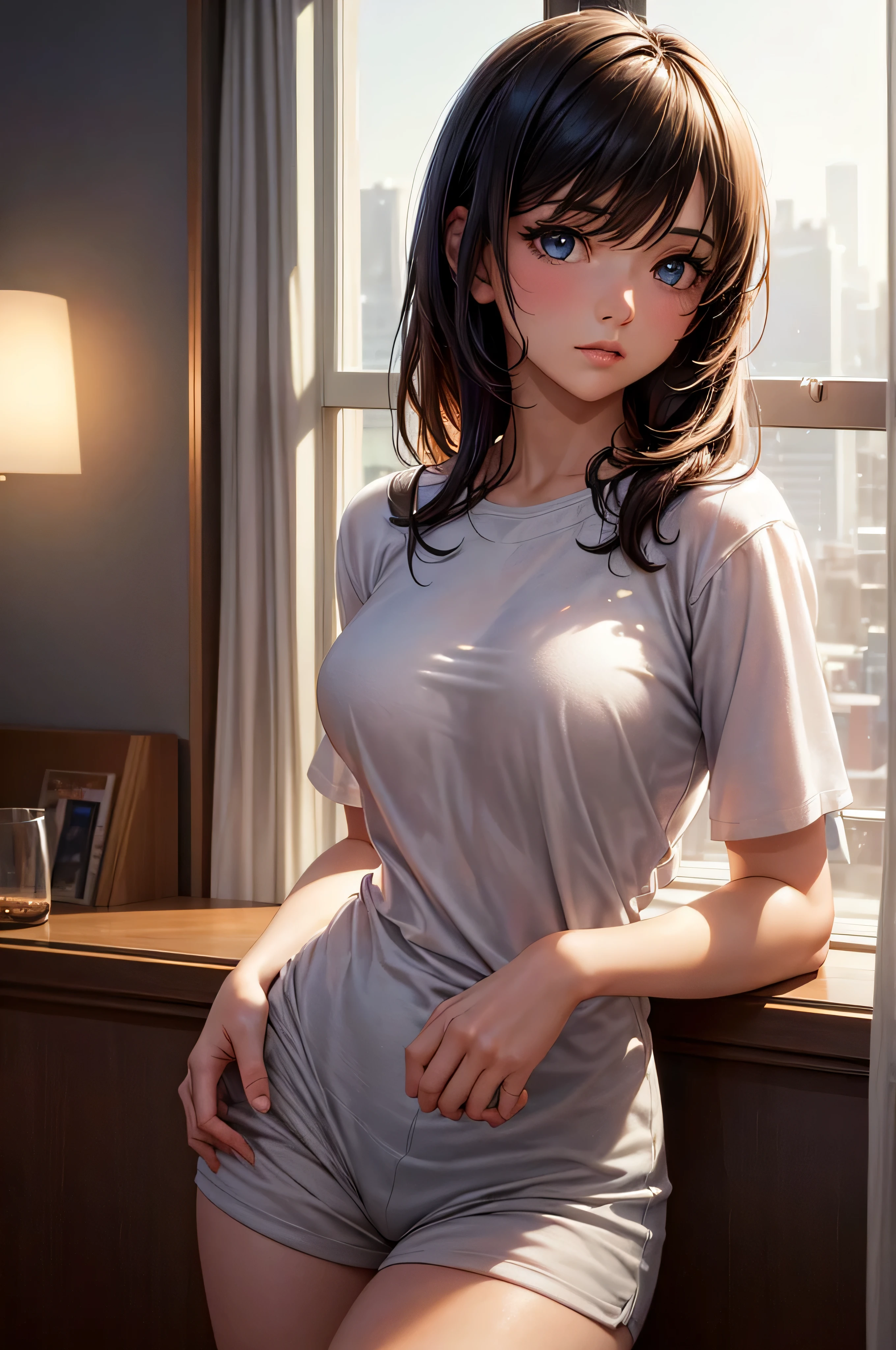 (1.2 masterpiece,best quality,realistic) Hot woman, half-asleep, just woke up in the morning, (HDR,UHD) looking out the window of an apartment building. She is wearing (vivid colored) t-shirts and no pants. The woman have (beautiful detailed) eyes and (long) lashes. The room is filled with (soft warm) morning light, creating a (warm and cozy) atmosphere in the apartment. The window overlooks a (vibrant) cityscape with (sharp focus) buildings and (bokeh) lights. The woman is (curiously) observing the surroundings, perhaps planning their day ahead. The scene has a (photorealistic) quality, capturing the emotions and details of the moment.