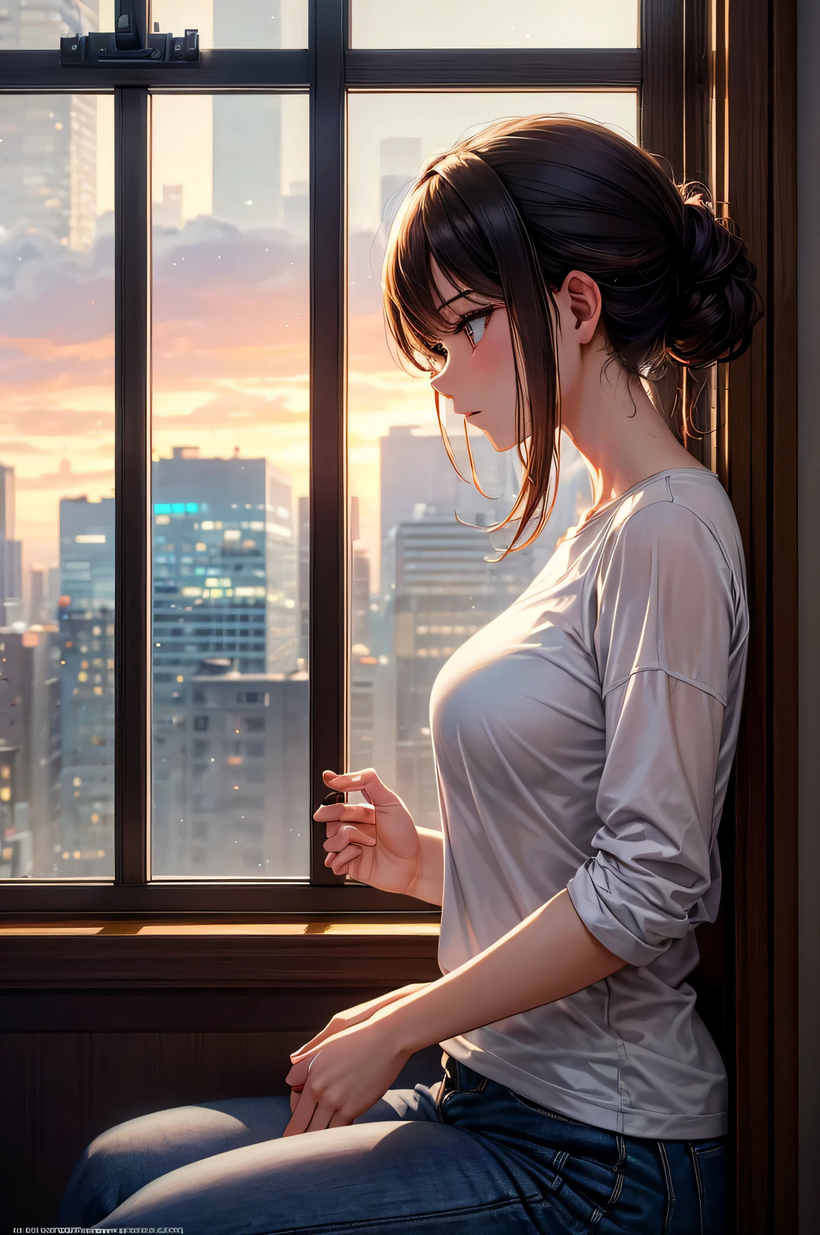 (1.2 masterpiece,best quality,realistic) Hot woman, half-asleep, just woke up in the morning, (HDR,UHD) looking out the window of an apartment building. She is wearing (vivid colored) t-shirts and no pants. The woman have (beautiful detailed) eyes and (long) lashes. The room is filled with (soft warm) morning light, creating a (warm and cozy) atmosphere in the apartment. The window overlooks a (vibrant) cityscape with (sharp focus) buildings and (bokeh) lights. The woman is (curiously) observing the surroundings, perhaps planning their day ahead. The scene has a (photorealistic) quality, capturing the emotions and details of the moment.
