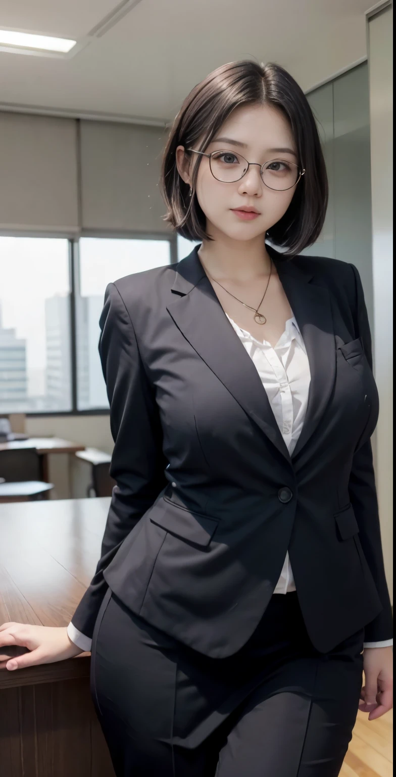 realisitic、Curvaceous woman standing alone, Woman in black business suit, with a business suit on, businesswoman, Woman in business suit, Wearing a white collar shirt under a suit、thick skirt、tight skirts、Girl in a suit, female in tight office dress, , Girl in suit, young business woman, in a business suit, business outfit, Wear a suit、Office Suits、Not wearing glasses、professional photograpy、Does not expose the skin, Japanese Models,、,The skin is not exposed、fleshy body, large boob、 hard 、、big butts、Big belly、thick waist、Body without tone、thick thight、thick arms、Round face、Fat face、chubby cheeks、Sauce order、big eye、A dark-haired、short-haired、Standing facing the front、Left hand pose on the hip、Right hand is down in a pose、Straight back posture、Sun background、chinese-Indonesian woman  , full body , bracelet , necklace , glasses , short hairstyle , fat belly , thick hips , dark room , baby face , chubby cheeks 