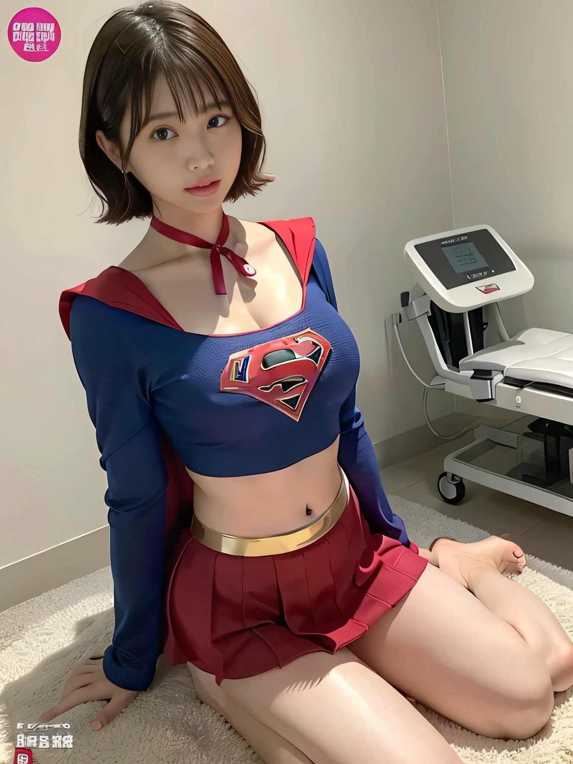 masterpiece、supergirl costume、short hair、barefoot、big and full breasts、test subject、operating room、operating table、Crisis situation、straddle、flowing sweat、shiny、look at the camera、sense of abuse、Estrus、choker、Weekly magazine cover、long sleeve、red mini skirt、obscene pose、Seduce、humiliating、Dosing experiment、