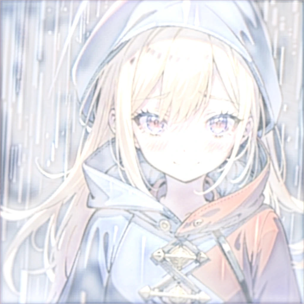 girl, blonde hair, red eyes, rain, looking down, smile, tears, blue raincoat, hood up, town