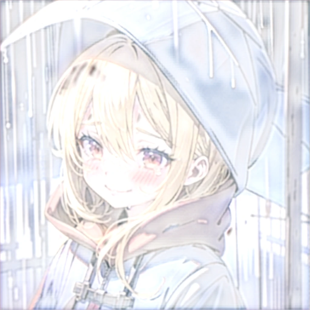 girl, blonde hair, red eyes, rain, looking down, smile, tears, blue raincoat, hood up, town