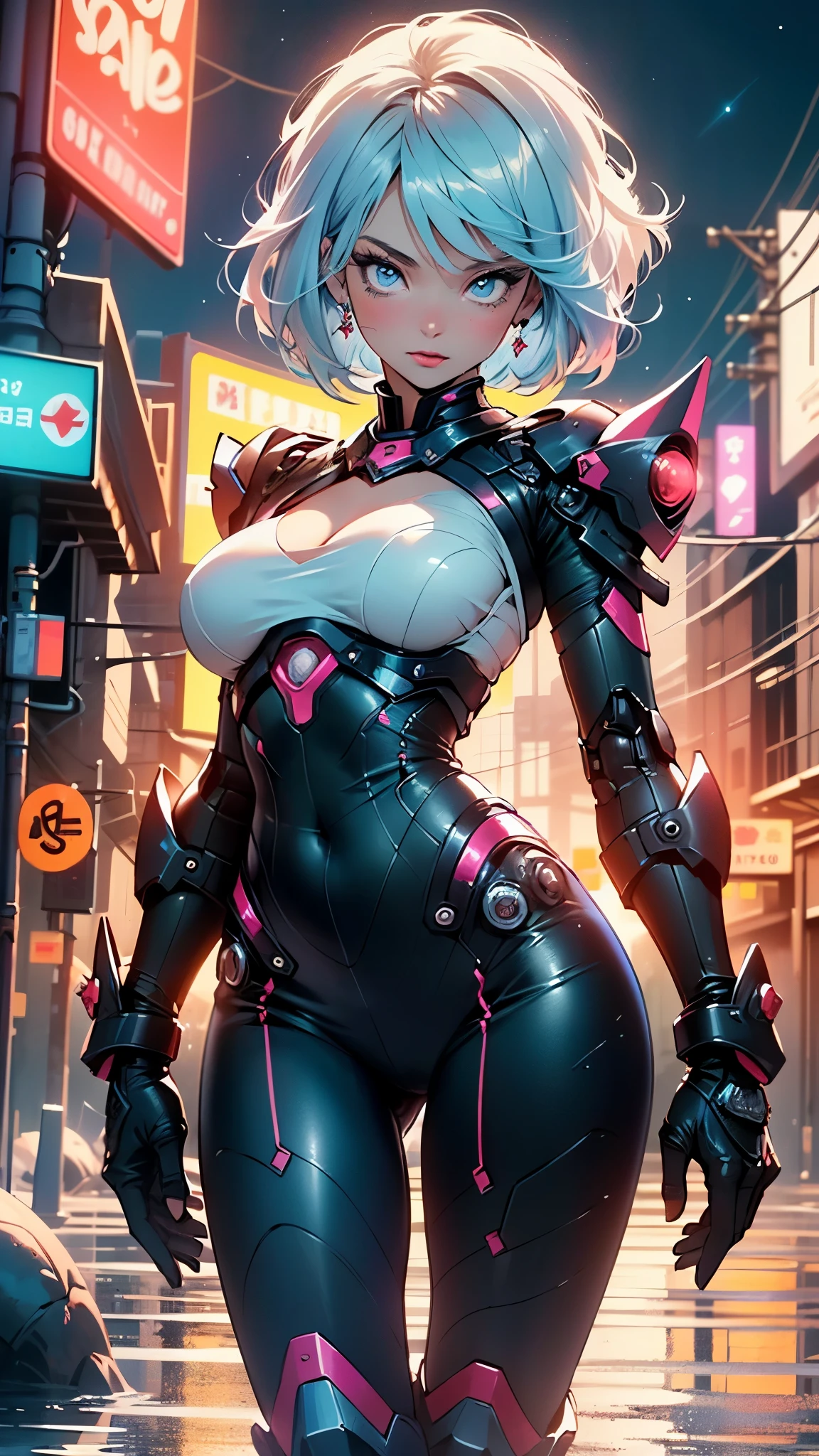 ((masterpiece, best quality, 4K, 8K)), Detailed, Intricate Details, futanari, solo, (cybergirl, robot girl, sniper, metal skin, sliver skin), (cyborg:1.1), purple tile, cyborg face, robotic face, implants on face, red eyes, glowing eyes, cyber eyes, robotic eyes, rainbow hair, cyber implants, robotic legs, robotic arms, gradient hair, multicolored hair, body tattoo, one side shaved, running, on the roof, looking away, night, neon, cyberpunk city, black leather jacket, cyber arms, cyber legs, revolver, holding revolver, (eqcok, huge penis, thick penis, erection), huge testicles, large breasts, muscle female, abs, gasmask