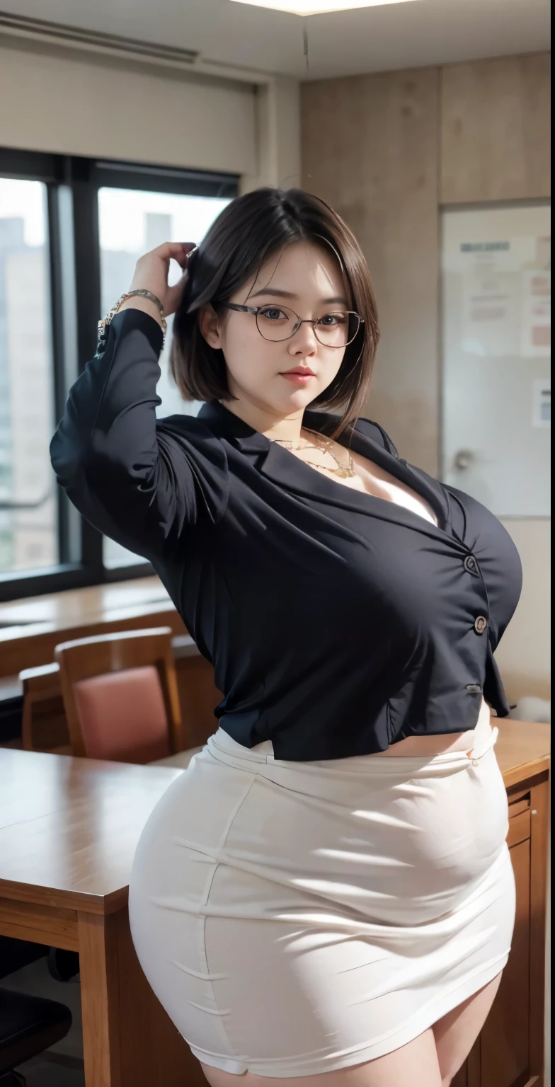 realisitic、Curvaceous woman standing alone, Woman in black business suit, with a business suit on, businesswoman, Woman in business suit, Wearing a white collar shirt under a suit、thick skirt、tight skirts、Girl in a suit, female in tight office dress, , Girl in suit, young business woman, in a business suit, business outfit, Wear a suit、Office Suits、Not wearing glasses、professional photograpy、Does not expose the skin, Japanese Models,、,The skin is not exposed、fleshy body, large boob、 hard 、、big butts、Big belly、thick waist、Body without tone、thick thight、thick arms、Round face、Fat face、chubby cheeks、Sauce order、big eye、A dark-haired、short-haired、Standing facing the front、Left hand pose on the hip、Right hand is down in a pose、Straight back posture、Sun background、chinese-Indonesian woman , full body , bracelet , necklace , glasses , short hairstyle , fat belly , thick hips , dark room , baby face , chubby cheeks