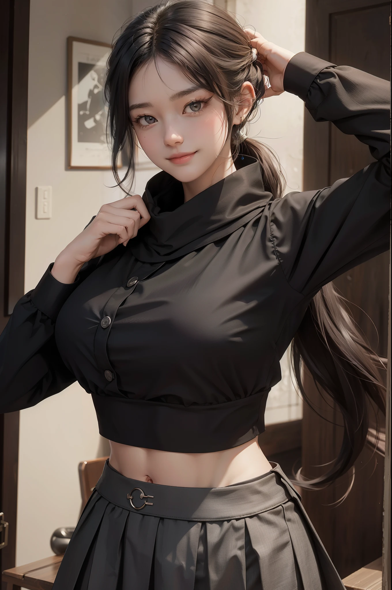 masterpiece, best quality, high resolution, Uh-huh 1, source light (destiny), Long hair tied low, Uniforms, Black Zefuku, black shirt, crop top, clavicle, scarf, diaphragm, long skirt, collar, side slits, Sailor collar, Smile, Cowboy shooting, open mouth, Put your arms behind your back, indoors， (gigantic and massive :1.1)Grooves reveal original skin