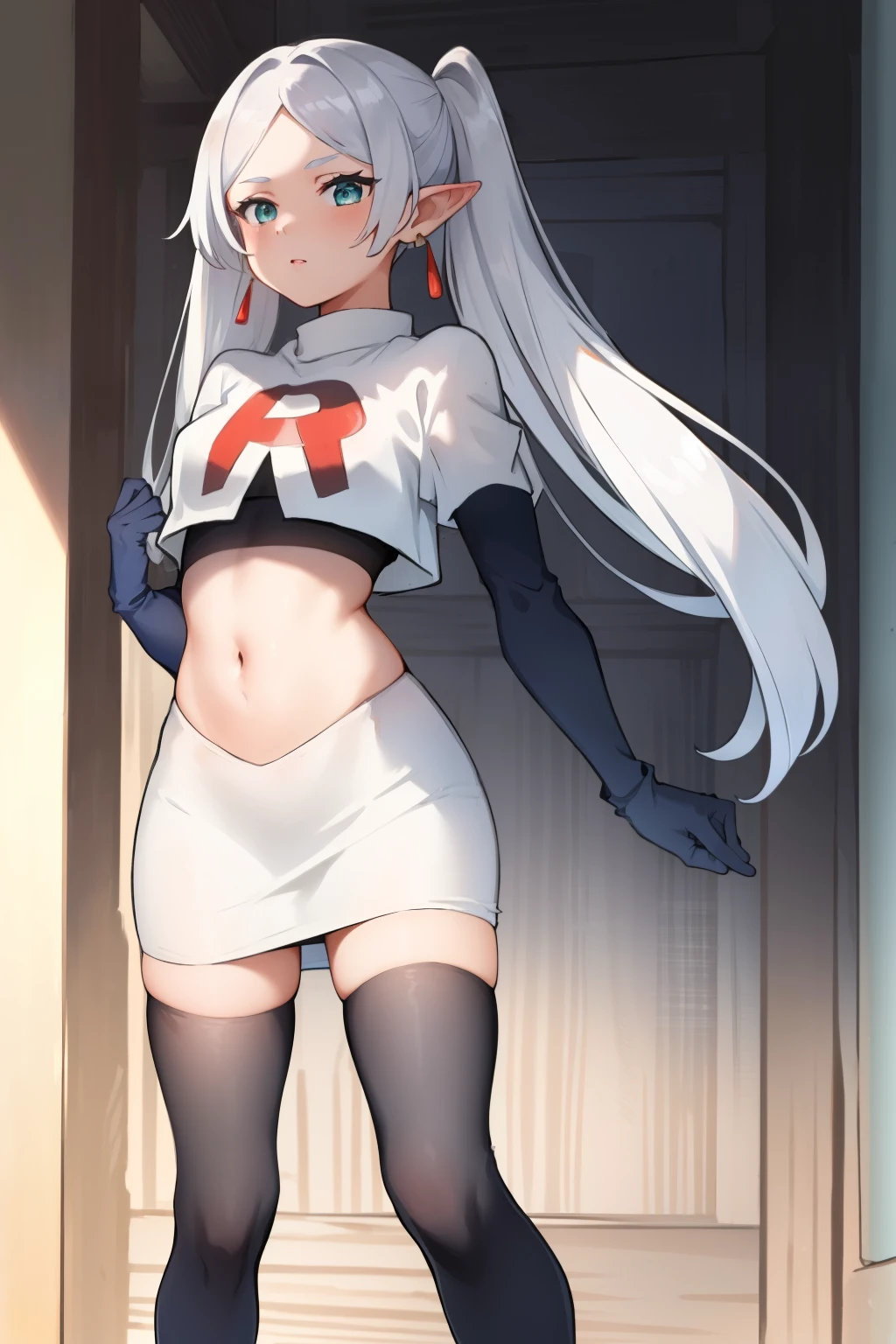 (masterpiece, best quality),  intricate details,
1girl,     frieren, long hair, pointy ears, jewelry, earrings, twintails, parted bangs, team rocket,team rocket uniform, red letter R, white skirt,white crop top,black thigh-highs,black elbow gloves