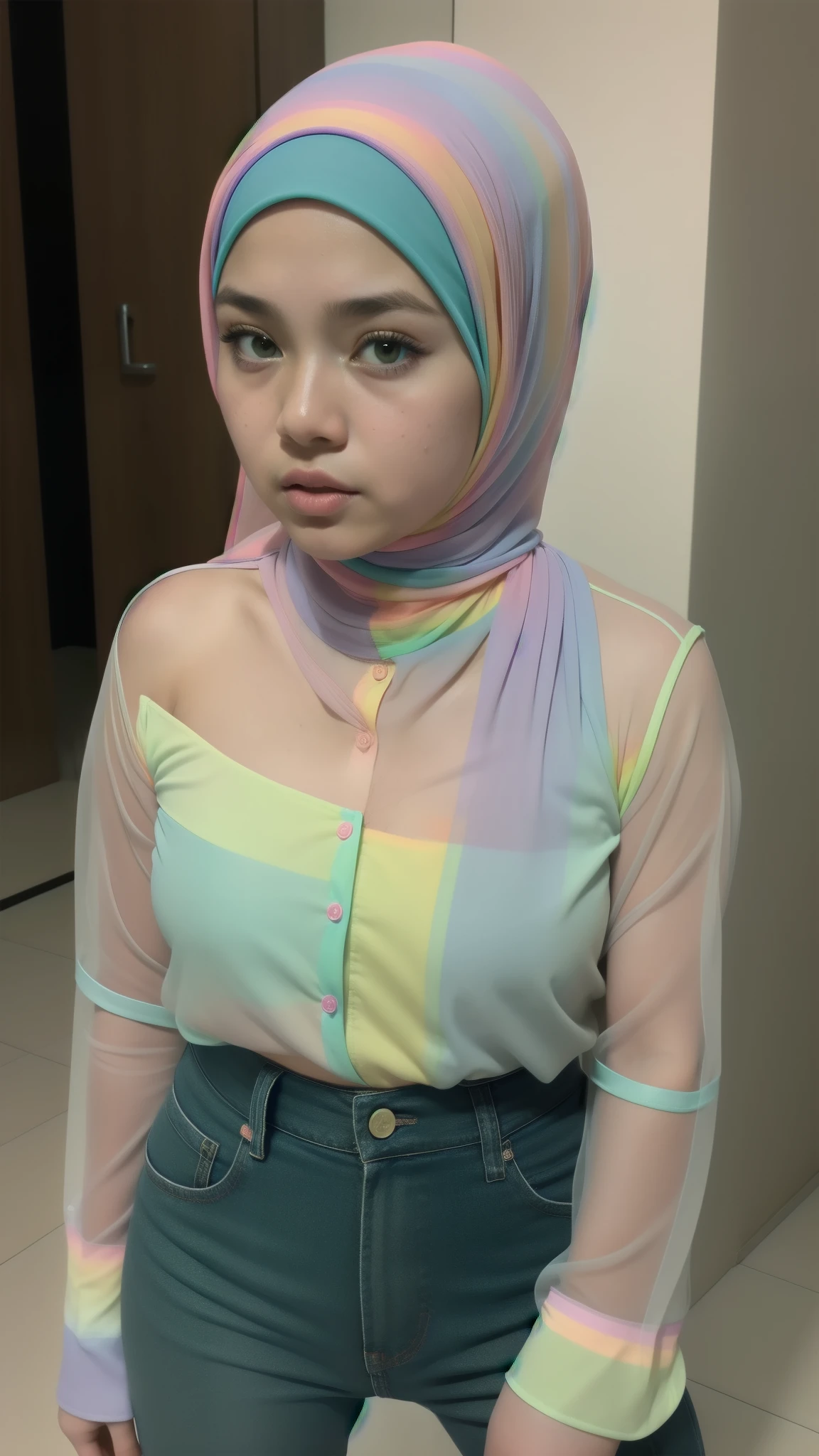 Naked, Angry pose, Angry face, (((HIJAB MALAY GIRL))), masutepiece, High quality, UHD 45K, Realistic face, Realistic skin feeling , A Japanese Lady, 8 years old, , Very cute and baby-like face, (((FLAT CHEST))), (MATRIX WORLD), ((look In front at the camera and SADNESS)), ((())), (((CUTE GIRL))), ((TRANSPARENT)), ((PASTEL GREEN LIPS)), ((PASTEL RAINBOW BLOUSE)), ((TRANSPARENT)), ((CHUBBY)), ((UNDRESS)), SPECTACLES.