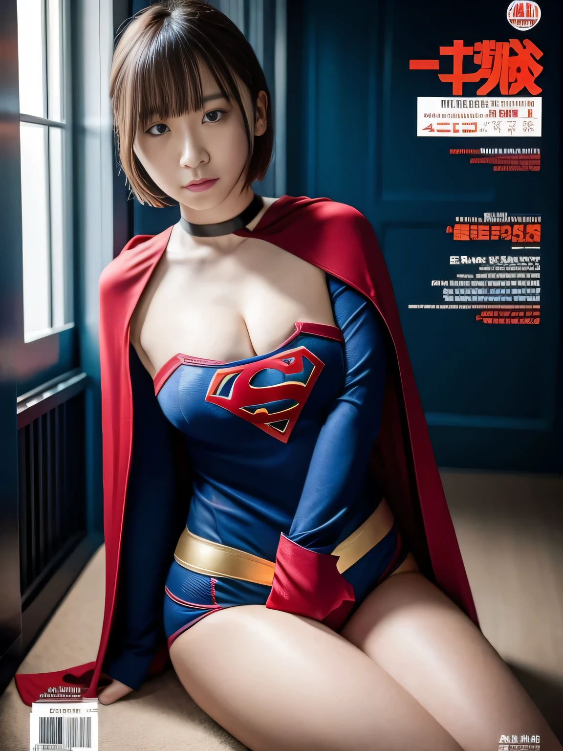 masterpiece、supergirl costume、short hair、barefoot, big and full breasts、test subject、operating room、operating table、straddle、sweating、shiny、look at the camera、sense of abuse、Estrus、choker、Weekly magazine cover、long sleeve、red mini skirt、obscene pose、Seduce、humiliating、Dosing experiment、