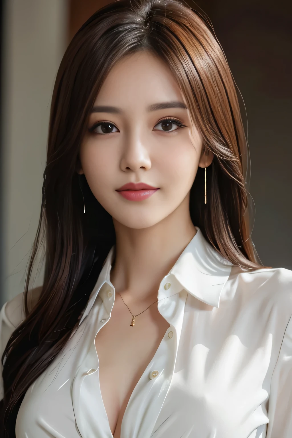 masterpiece, highest quality, realistic, Super detailed, attention to detail, High resolution, 8k wallpaper, one beautiful woman,, light brown messy hair, wearing a business suit, sharp focus, perfect dynamic composition, beautiful and detailed eyes, thin hair, Detailed realistic skin texture, smile, close-up portrait, model body shape