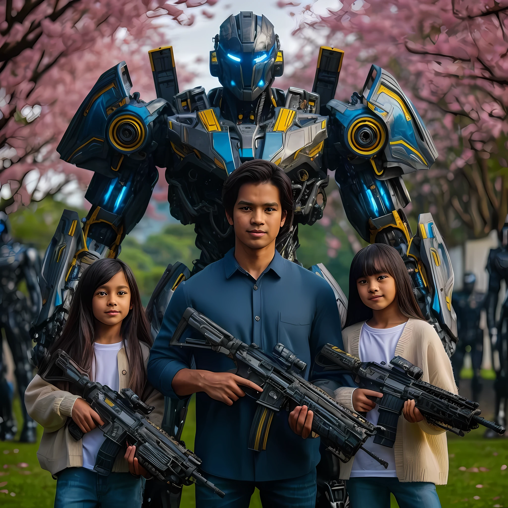 A mid-distance photo of a young father aged 25 and two beautiful 8-year-old Indonesian daughters with long flowing hair, wearing heavy cyborg armor with intricate details in electric blue and yellow, holding automatic weapons, in dynamic poses, standing next to a giant futuristic platinum mecha robot with a fighter jet model, against a background of falling cherry blossom trees, cinematic, realistic appearance, professional photography, UHD quality