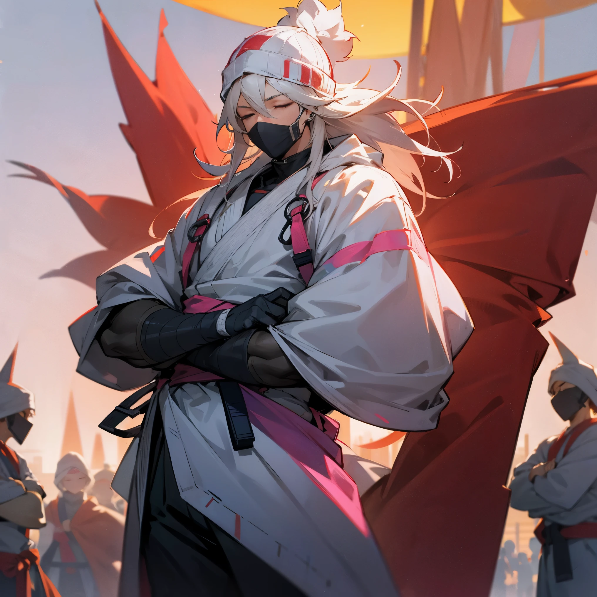 1male, adult, closed eyes, long messy hair, white and pink ombré hair color, face mask, loose combat suit, loose baggy pants, bandages wrapped around arms, standing with arms folded, standing on open trail, night, village, muscular, serious, beanie, lanterns
