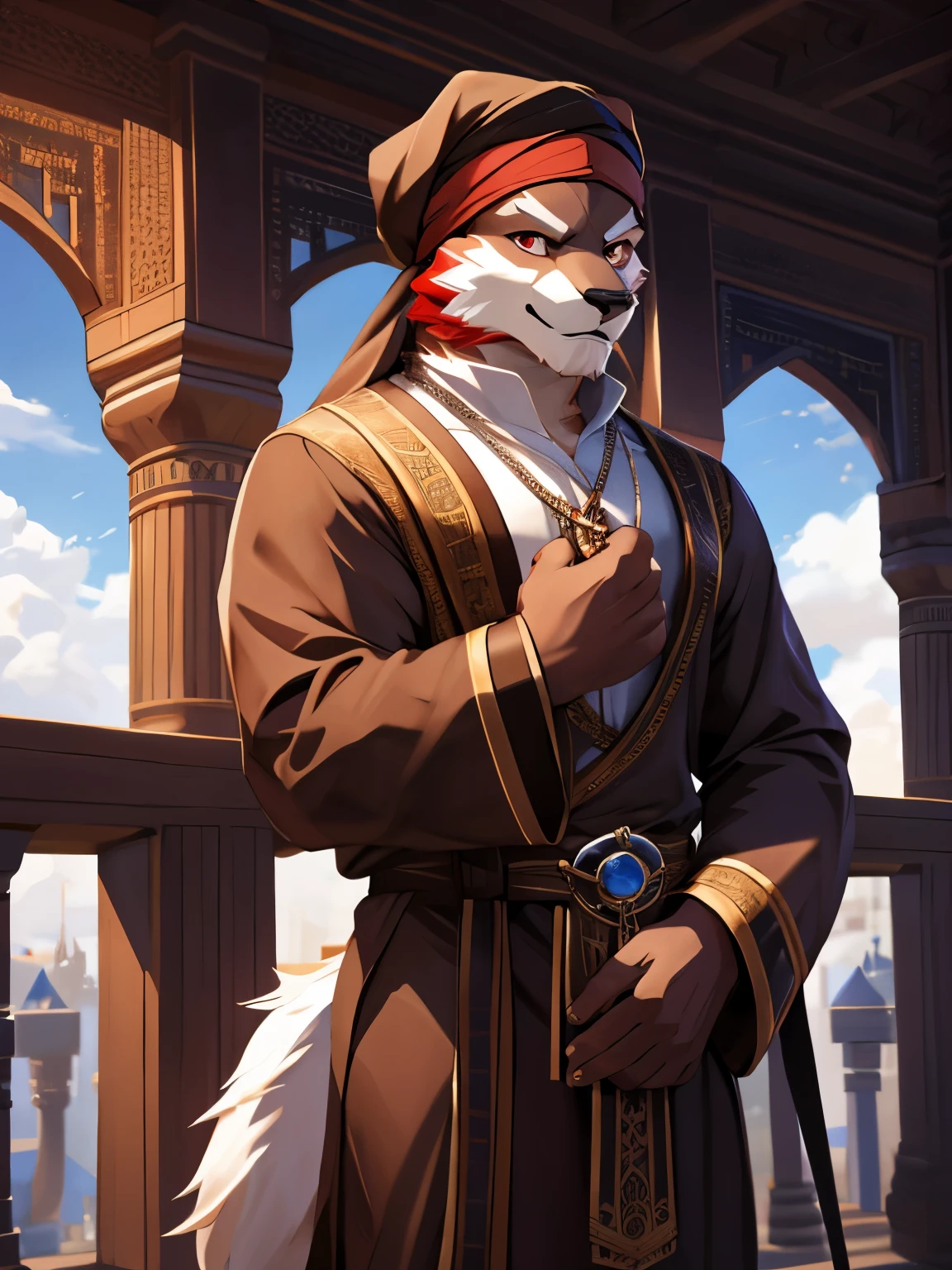 4k, ,8K, A high resolution, best quality, perfect colors, perfect shadows, perfect lighting, (posted on e621, by Chunie), male, furry, diederich olsen (/knights college/) anthro, ( tail), solo, white fur, Red eyes, (Realistic eye details 1.2), Wearing Muslim clothing, arabic fashion, arabic style, thobe, turban, in a street with arabian houses, light smile, authoritative, dignified gaze, Full body like, slim body, in a panoramic view, masterpiece, fit body, perfect male figure, Detailed fur, Detailed face, dramatic lighting, soft lighting, day, highly detail, (Detailed eyes), perfect pupils, detail eyes, detail fluffy fur, (seductive face:1.2), (correct anatomy:1.2), (Complex), (Super Detail), (Ultra Clear), (Best Quality)