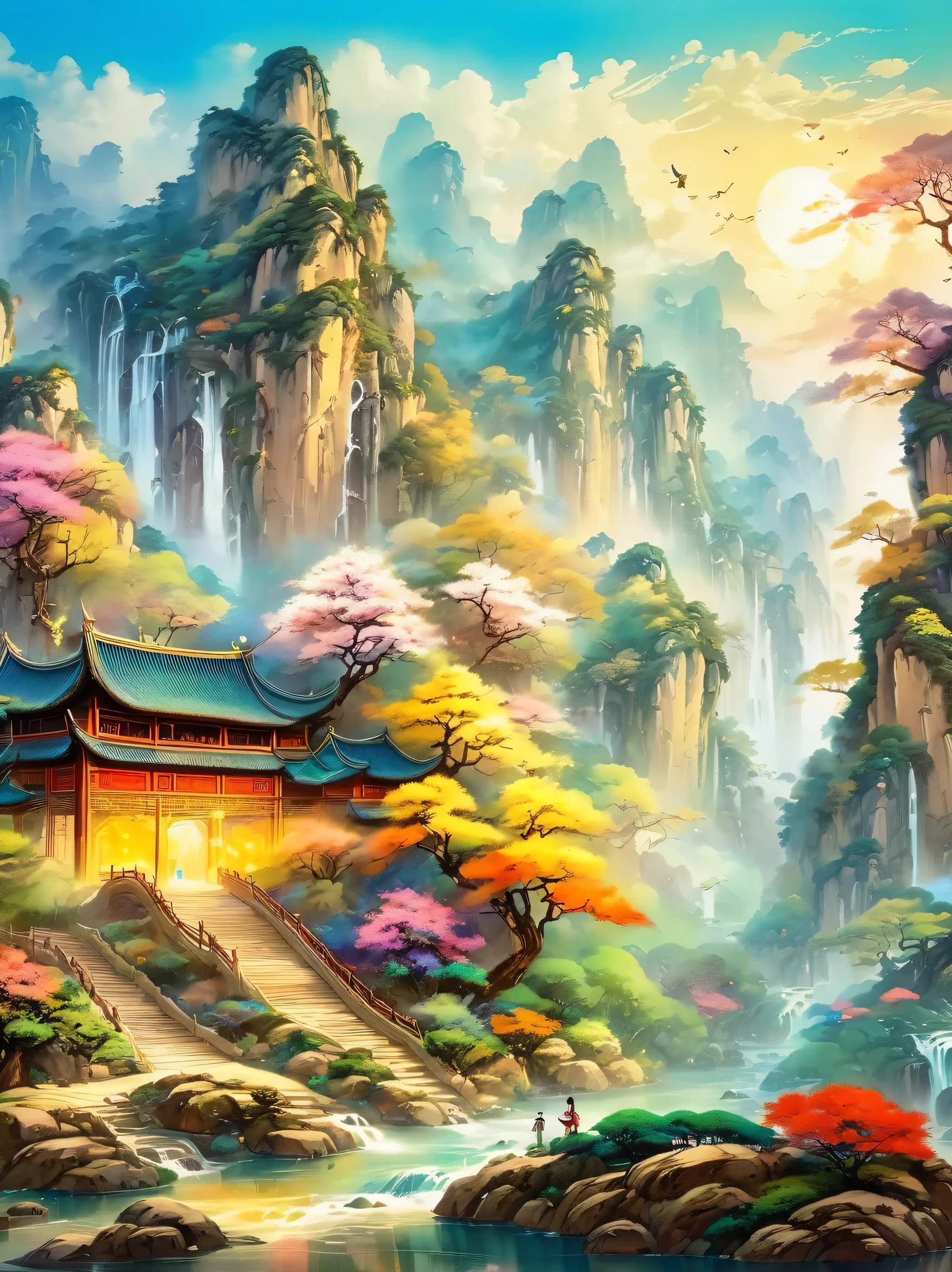 super detailed，Chinese ink style，Chinese Dream Landscape，Fairy tale world, fairyland paradise, big tree, Golden beam, fantasy creatures, Fairy, unicorn, Talking animals, Sweet floral aroma, sweet birdsong, mottled shadow, little girl in white robe, magic wand, Colorful light spots, Far away magical country, imagination, secret, adventure，magical atmosphere，happy and peaceful scene，Surreal and ethereal colors，otherworldly environment，Hazy and mysterious atmosphere，Amazing natural wonders，Grandeur and sense of scale