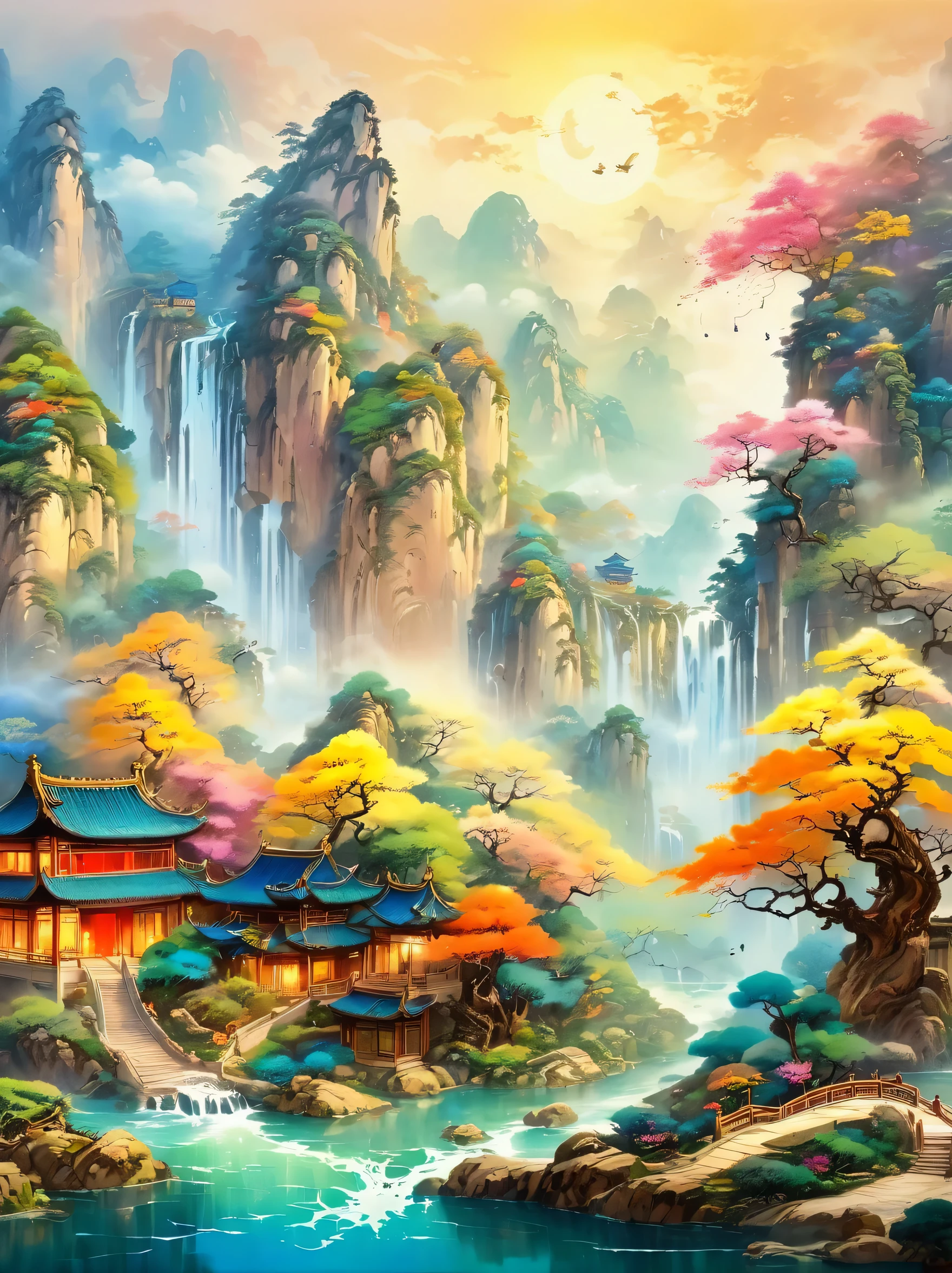 super detailed,Chinese ink style,Chinese Dream Landscape,Fairy tale world, fairyland paradise, big tree, Golden beam, fantasy creatures, Fairy, unicorn, Talking animals, Sweet floral aroma, sweet birdsong, mottled shadow, in white robe, magic wand, Colorful light spots, Far away magical country, imagination, secret, adventure,magical atmosphere,happy and peaceful scene,Surreal and ethereal colors,otherworldly environment,Hazy and mysterious atmosphere,Amazing natural wonders,Grandeur and sense of scale