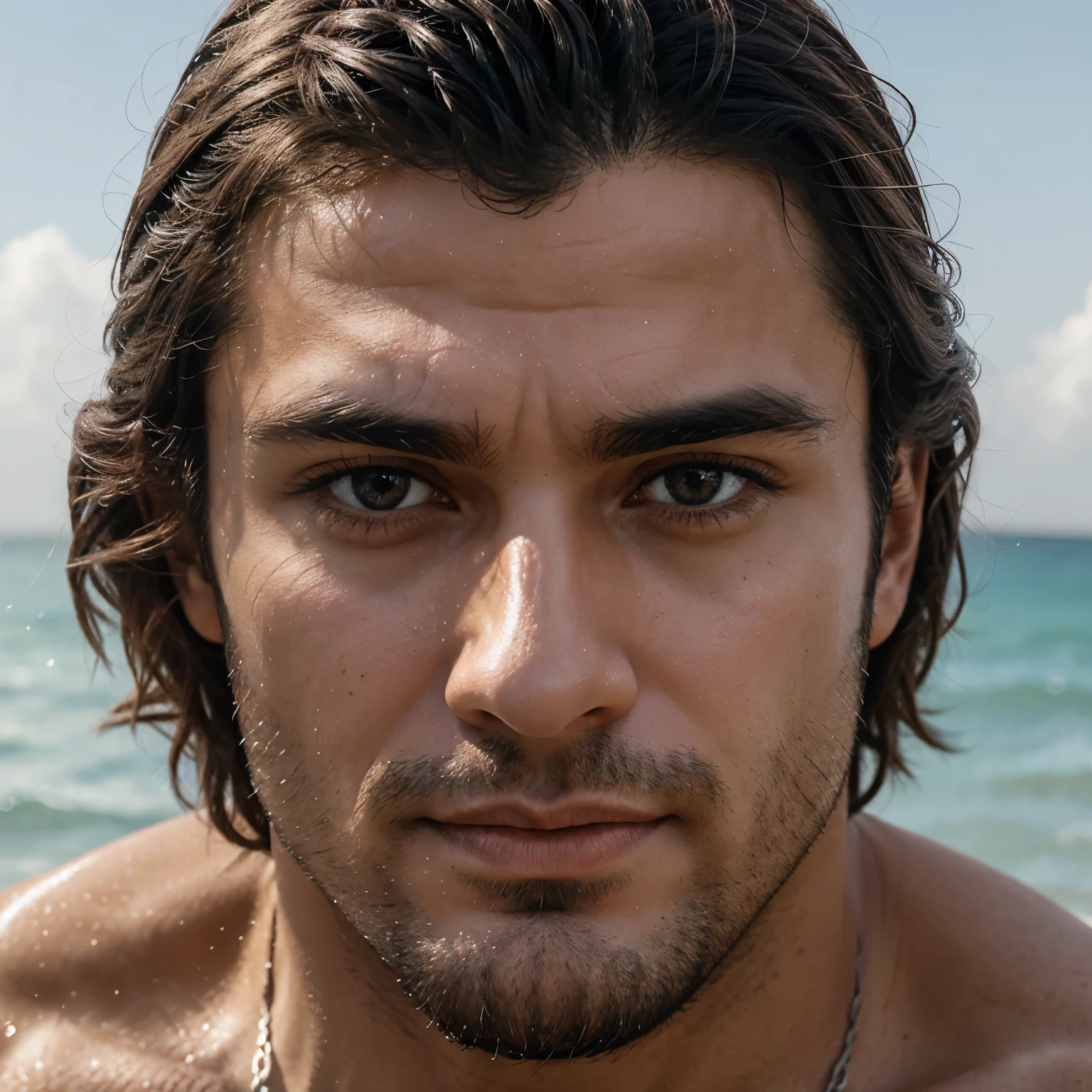 create a realistic image of a handsome, strong man of approximately 23 with a cold expression, cabelos dourados brilhantes, nariz um pouco pontudo, olhos azuis ligeiramente levantados exalando uma atmosfera arrogante e uma pequena cicatriz sobre a sobrancelha esquerda