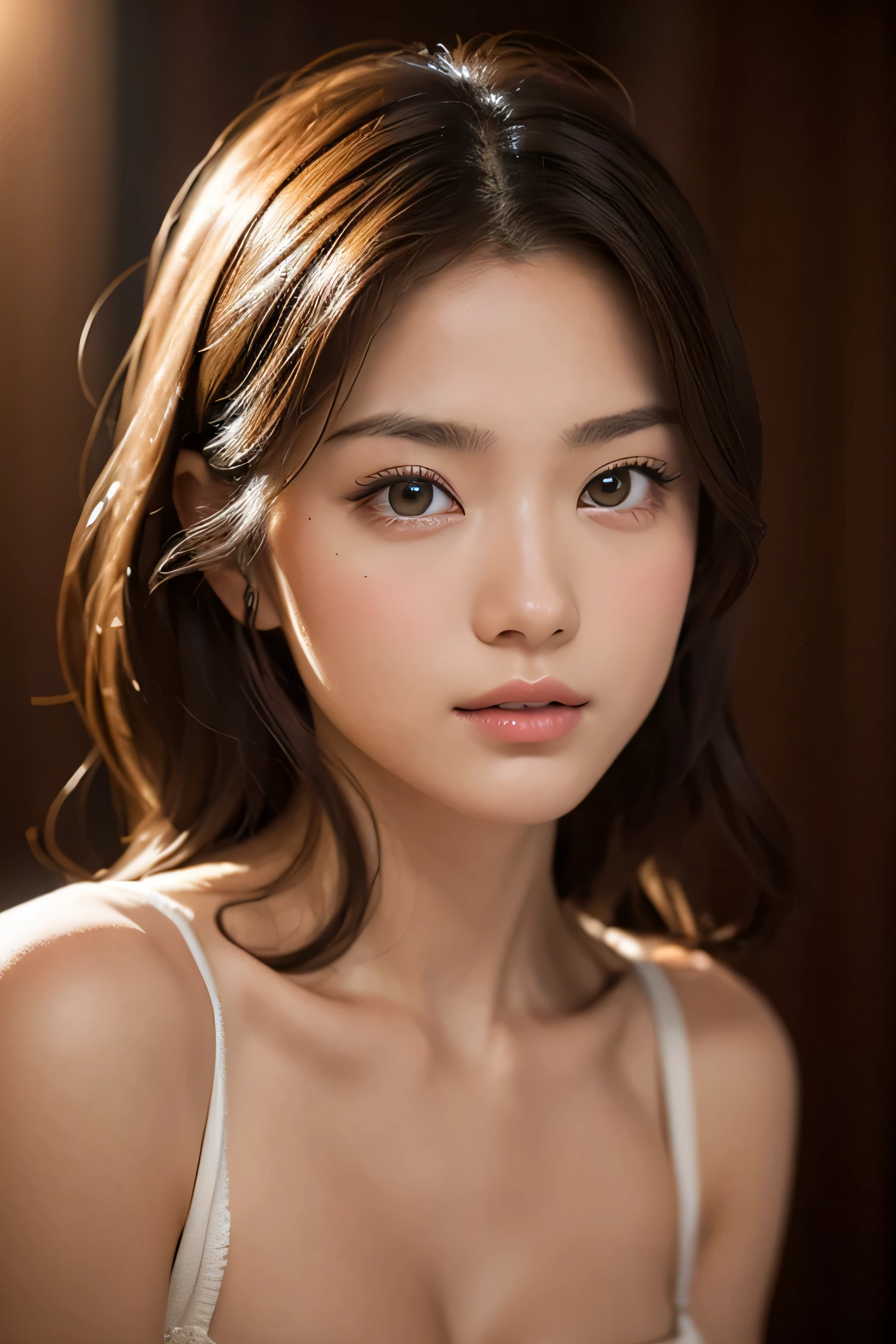(masterpiece, highest quality:1.2), RAW photo, (realistic, photorealistic:1.2), (8k, High resolution, Super detailed:1.3), 1 girl, perfect anatomy, (focus on the face, looking at the viewer), (18 year old Japanese beauty, japanese idol), (realistic detailed eyebrows, realistic beautiful brown eyes, realistic glossy skin, realistic detailed beautiful handsome face:1.2), (thin, small breasts), (realistic cinematic lighting, detailed shadowing:1.2)