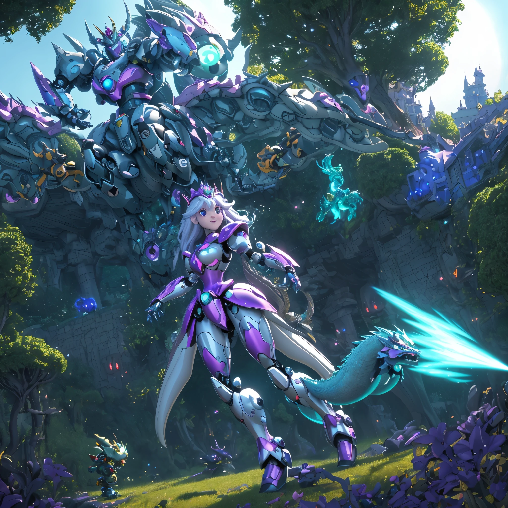 best quality,4k,highres,masterpiece:1.2,ultra-detailed,realistic:A Gundam style robot,rescuing a dragon,evil princess (Brea Larson),detailed robot design,detailed dragon scales,vibrant color scheme,action-packed scene,majestic dragon wings,heroic robot stance,robot armor shining in the sunlight,princess with a wicked smile,robot lifting dragon with ease,perfectly flowing dragon fire,battle in a lush forest,mysterious robotic technology,princess with intricate gown flowing in the wind,surrounding trees filled with life,emerging sunlight through the trees,dragon with fierce expression,robot with powerful laser beams,evil princess casting dark magic,dragon released from captivity,robot with glowing LED eyes,dragon scales sparkling,princess surrounded by a dark aura,long robotic arms with precise movements,dragon tail whipping through the air,robot with Gundam signature weapons,giant robotic feet creating earth-shattering impacts,detailed princess tiara shining,dramatic shadows and lighting effects,robot saving the day with determination,princess with a crown adorned with gems,dragon with majestic horns and spines,robot with jet thrusters propelling it forward,vivid colors highlighting the scene,magical sparkles surrounding the princess and the dragon,robot smashing through obstacles with ease,detailed robot cockpit showcasing advanced technology,dragon breathing fire in defiance,princess casting spells with gestures,robot's metallic armor reflecting its surroundings,dragon's scales with intricate patterns,detailed portrayal of emotions on the characters' faces,princess with flowing hair and a wicked grin,robotic fingers delicately carrying the dragon,princess's evil castle in the background,dragon with graceful movements,robot with imposing presence.