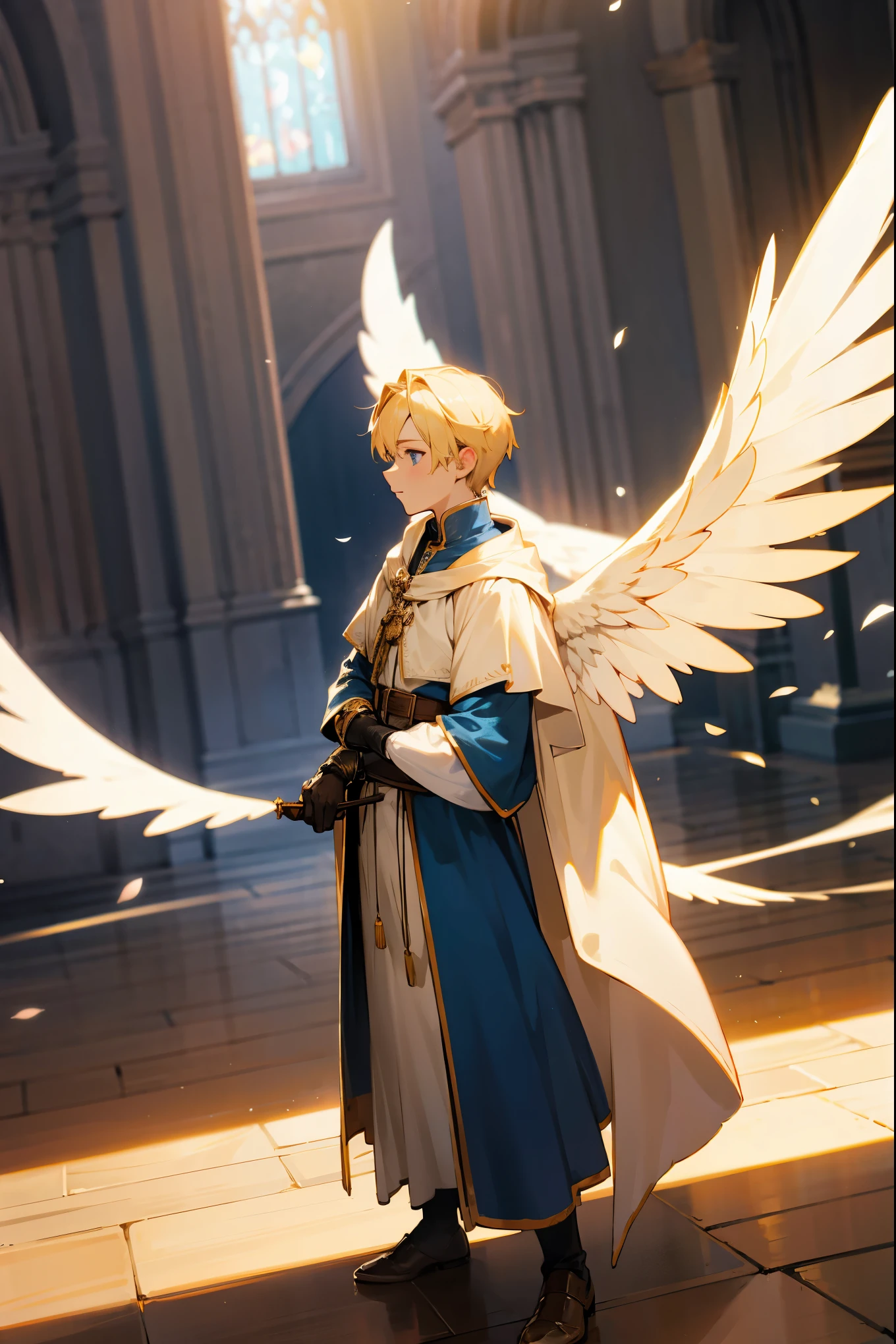 1male, blonde hair, blue eyes, heavenly lighting, golden lighting, angel, white feather wings, medieval clothing, guild hall background, detailed background, standing on path