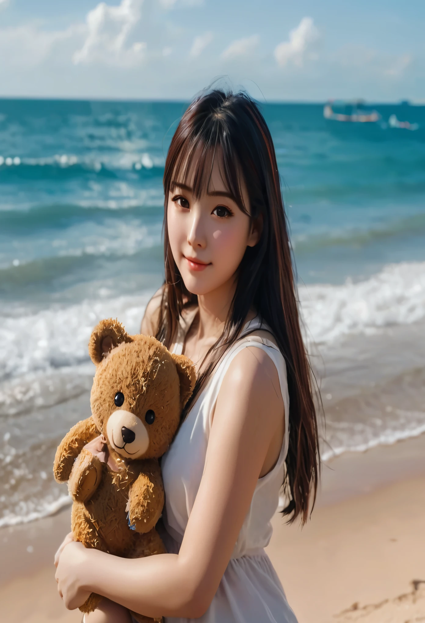 Coastal beauty, 1 girl, (short hair), school uniform, (big eyes, thin face, white skin, carefree expression), beach background, lighthouse, soft sea breeze, playful pose, dynamic composition, blurred background, rich colors, fine details, 50mm lens, relaxed atmosphere. Portrait photography, 35mm film, natural blur beautiful and clear eyes, simple blurred background, extreme detail description, beautiful, charming, super fine painting, delicate face, delicate figure, fine collarbone, cute lips, (8k, RAW photo, best quality, masterpiece: 1.2), (realistic, photorealistic photo: 1.37), holding a teddy bear in both hands