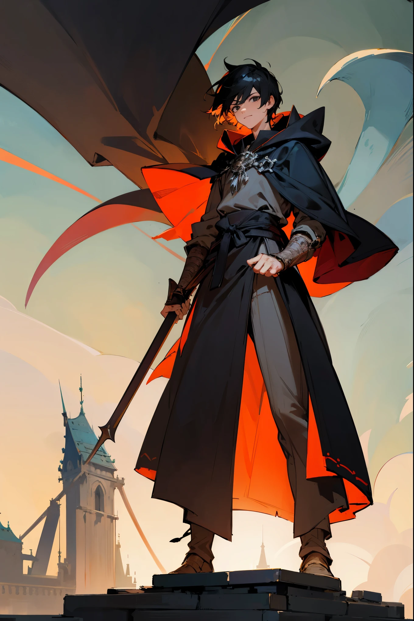 1male, black hair, black eyes, dark cloak, hood over hair, medieval clothing, stitches on arms, stitched arms, guild hall background, maniacal expression, detailed background, standing on path