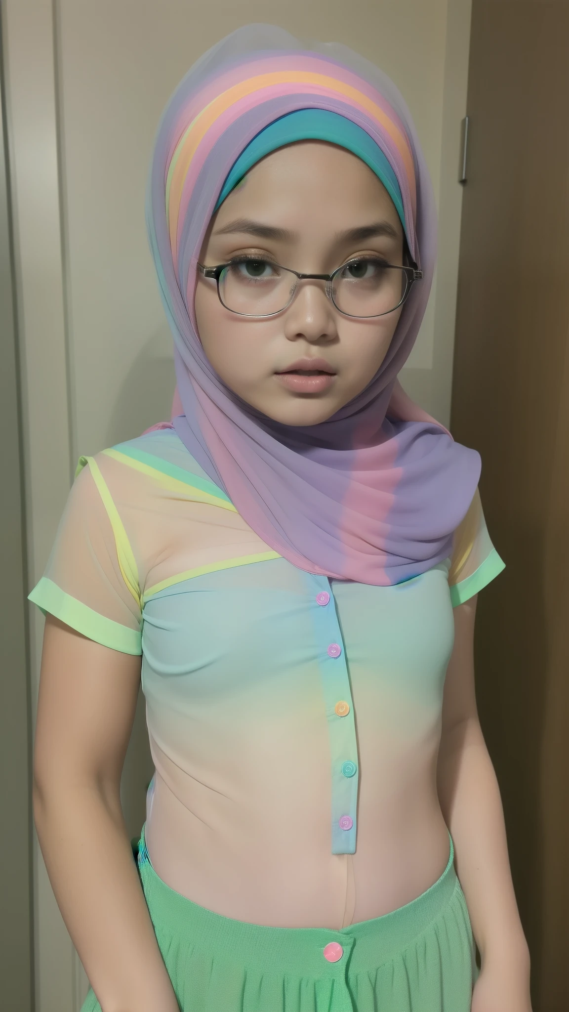 Naked, Angry pose, Angry face, (((HIJAB MALAY GIRL))), masutepiece, High quality, UHD 45K, Realistic face, Realistic skin feeling , A Japanese Lady, 8 years old, , Very cute and baby-like face, (((FLAT CHEST))), (MATRIX WORLD), ((look In front  at the camera and SADNESS)), ((())), (((CUTE GIRL))), ((TRANSPARENT)), ((PASTEL GREEN LIPS)), ((PASTEL RAINBOW BLOUSE)), ((TRANSPARENT)), ((CHUBBY)), ((???????)), SPECTACLES.