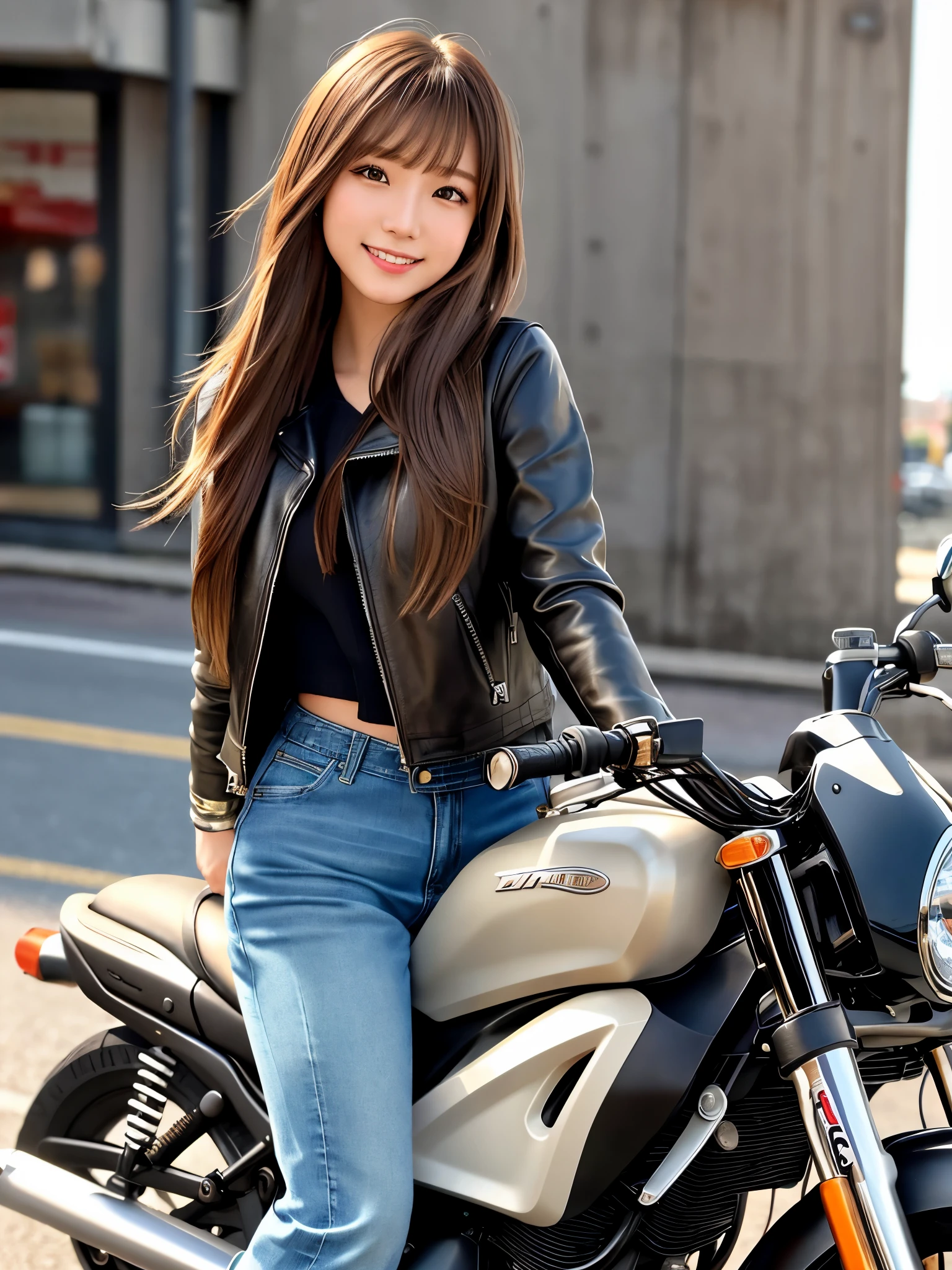 product quality, 1 girl, cowboy shot, front view, a Japanese young pretty girl, long bob hair, riding with a big smile on an old motorcycle in a big city, wearing a black leather jacket over a sweater, denim pants, leather boots, hyper cute face, glossy lips, double eyelids for both eyes, natural makeup, shiny smooth light brown hair of long bob hair, asymmetrical bangs, high resolution, high detail, detailed hairstyle, detailed face, cinematic lighting, octane rendering, hyper realistic, perfect limbs, perfect anatomy