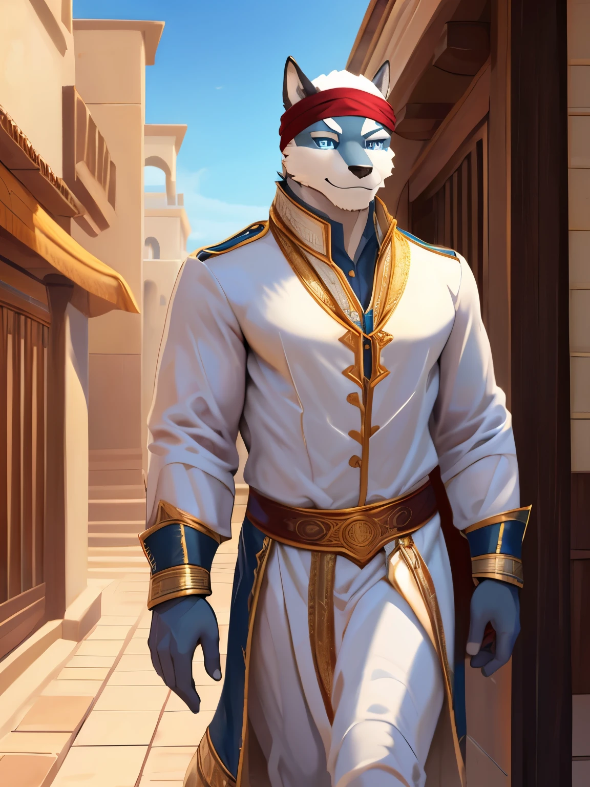 4k, ,8K, A high resolution, best quality, perfect colors, perfect shadows, perfect lighting, (posted on e621, by Chunie), male, furry, Argo (/knights college/) anthro, ( tail), solo, white fur, Blue eyes, (Realistic eye details 1.2), Wearing Muslim clothing, arabic fashion, arabic style, thobe, turban, in a street with arabian houses, light smile, authoritative, dignified gaze, Full body like, slim body, in a panoramic view, masterpiece, fit body, perfect male figure, Detailed fur, Detailed face, dramatic lighting, soft lighting, day, highly detail, (Detailed eyes), perfect pupils, detail eyes, detail fluffy fur, (seductive face:1.2), (correct anatomy:1.2), (Complex), (Super Detail), (Ultra Clear), (Best Quality)