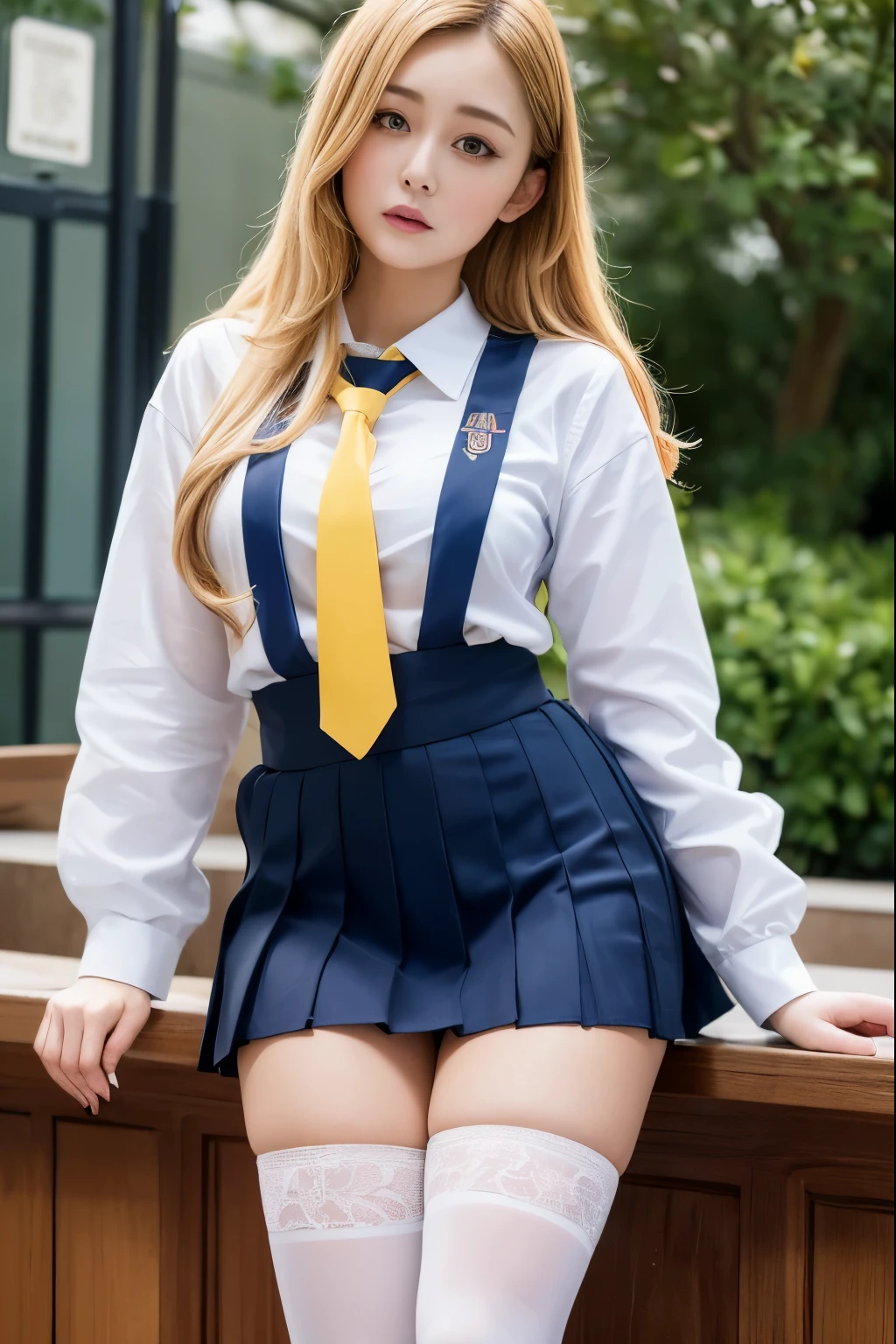 （highest quality，4k，masterpiece：1.2），Beautiful woman，1 girl，sexy：1.1，dark yellow hair：1.1，woman wearing school uniform，soaking wet uniform，super detailed face，lip details，fine eyes，double eyelid，miniskirt white stockings，stand up