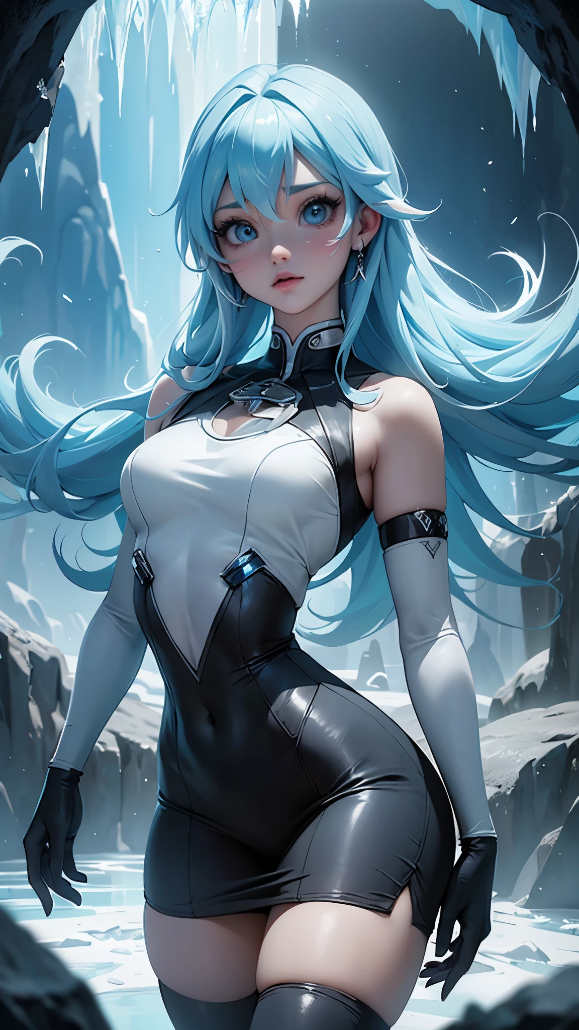 (La mejor calidad,A high resolution,Ultra - detallado,actual),Ariana Grande se parece a Rei Ayanami con cabello medio liso, vistiendo minifalda plisada blanca y auriculares streetwear, passion blue hoodie, en el pecho dice &#39;Funk del futuro&#39;, amidst a vibrant futuristic cityscape illuminated by neon lights.More detailed 8K.motor irreal:1.4,HD,La mejor calidad:1.4, fotorrealista:1.4, textura de la piel:1.4, obra maestra:1.8,obra maestra, mejor calidad,objeto Objeto], (rasgos faciales detallados:1.3),(Las proporciones correctas),(Ojos hermosos azules:1.4 ),  (pose vaquero), (dedos detailed :1.4), ,( ciberpunk 2.1), (estilo kawaii:1.4), (Fondo un cueva hielo de paredes de piedra congelado :1.4), (perfect anatomy :1.4), (background Antarctica cave frozen hilo :1.4) 