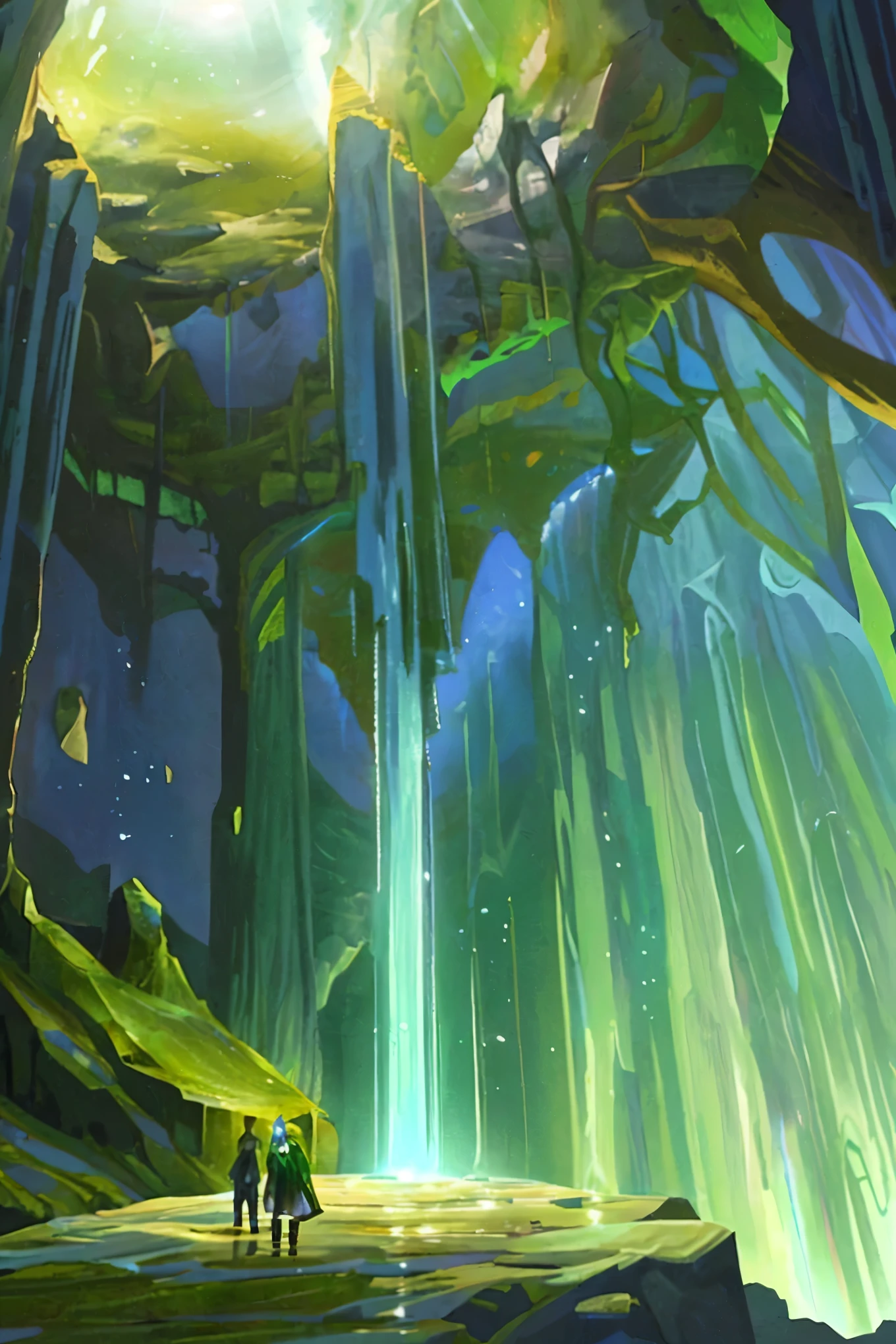Finally, they reached a cavern bathed in a strange green glow emanating from a fissure in the ceiling. The air was filled with a sense of anticipation as they stepped inside, the light casting elongated, dramatic shadows on the walls. The cavern's walls were adorned with intricate mineral formations, glistening with a iridescent sheen beneath the ethereal light. Droplets of water trickled down the cavern's walls, adding to the serene atmosphere.
As they explored deeper into the cavern, they came across a tranquil pool of water, its surface gently rippling with the current. The water reflected the vibrant green glow
